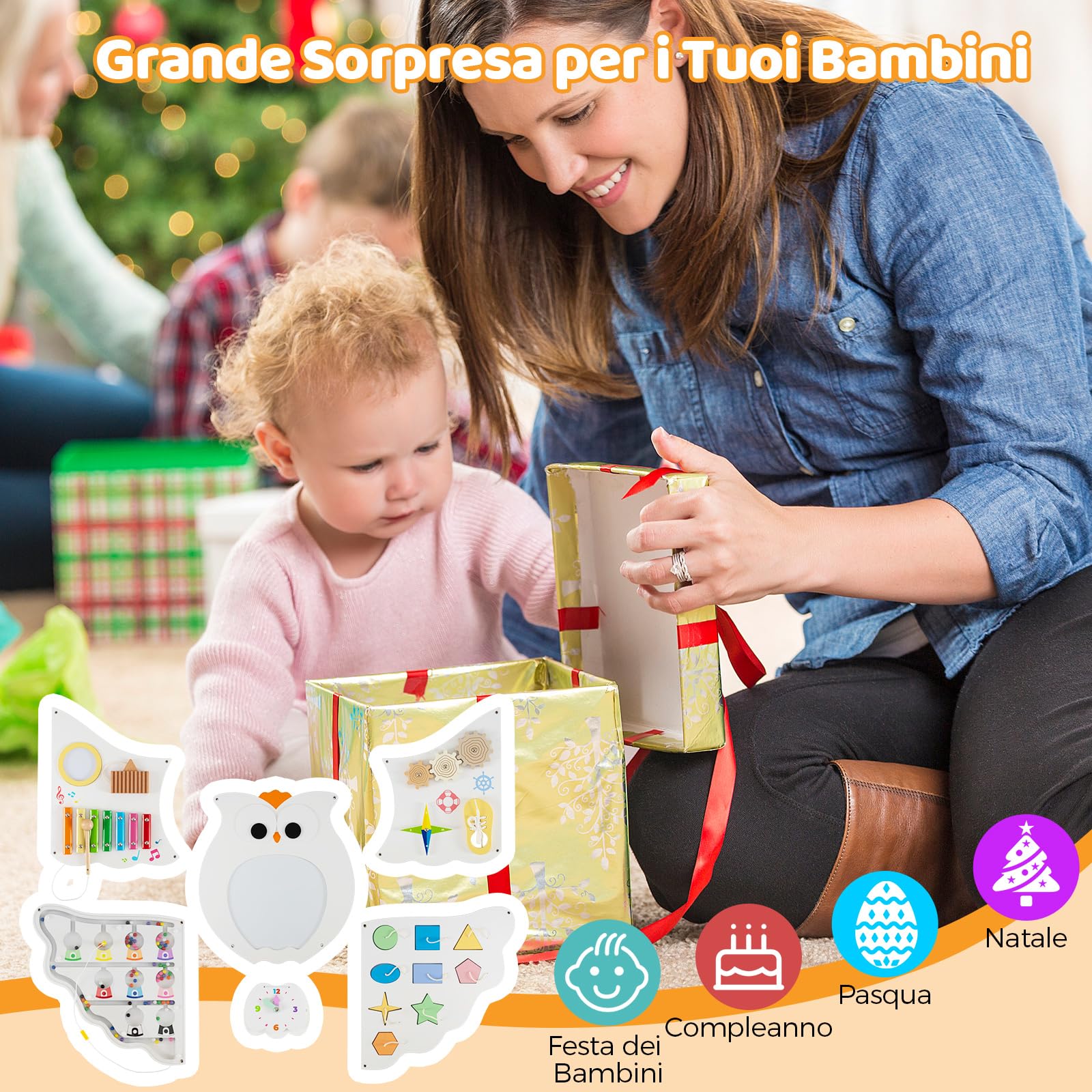 COSTWAY Pannello attività Muro Gufo Busy Board in Legno, Giochi Sensoriali con Calcoli Magnetici, Xilofono, Stringere Lacci e Orologio, Giocattolo Montessori, Adatto a Bambini 3+ Anni