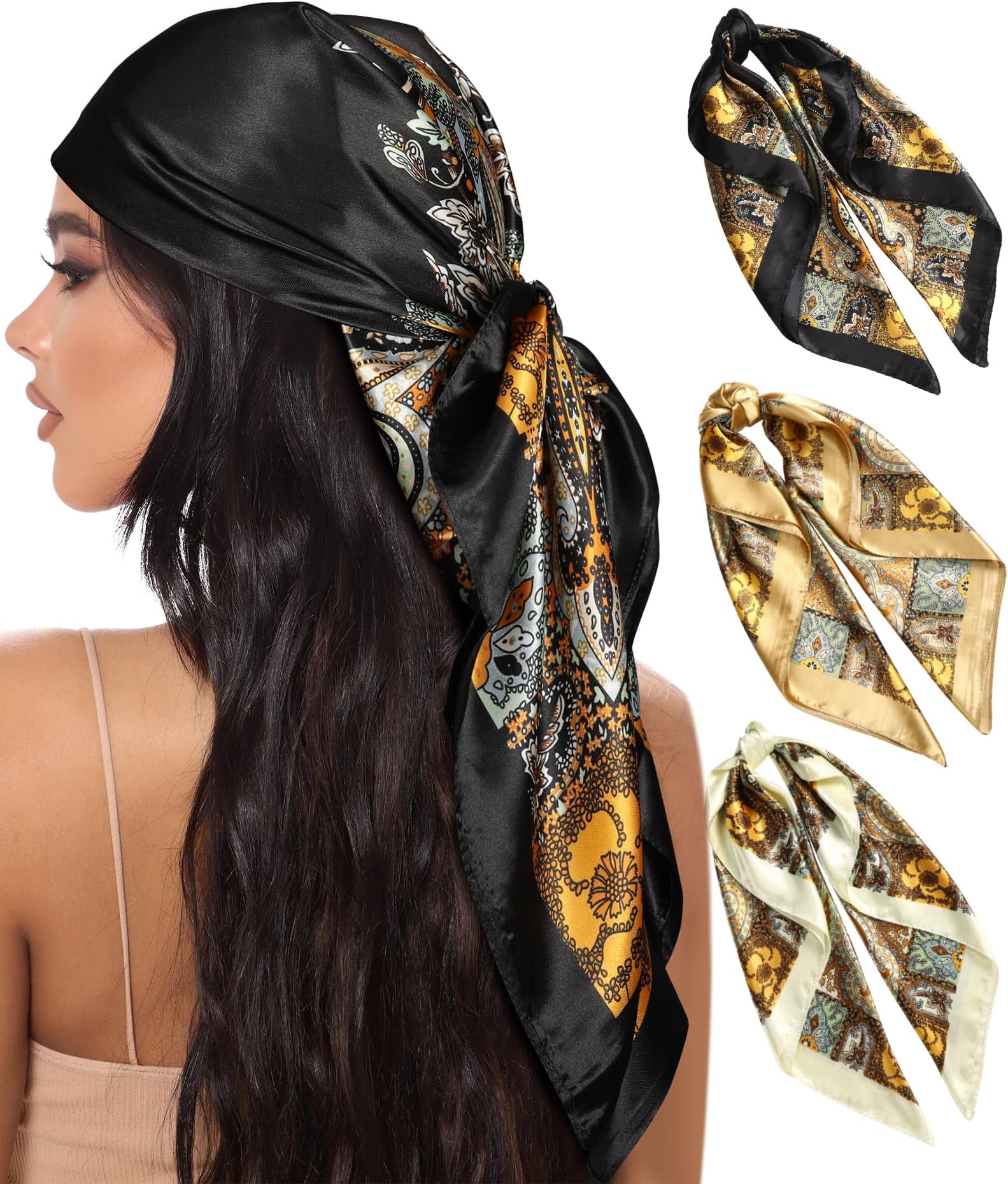 35โ Large Square Satin Head Scarf - 3Pcs Satin Hair Scarves Silk Bandana Scarf Headscarf Silk Feeling Scarf for Women