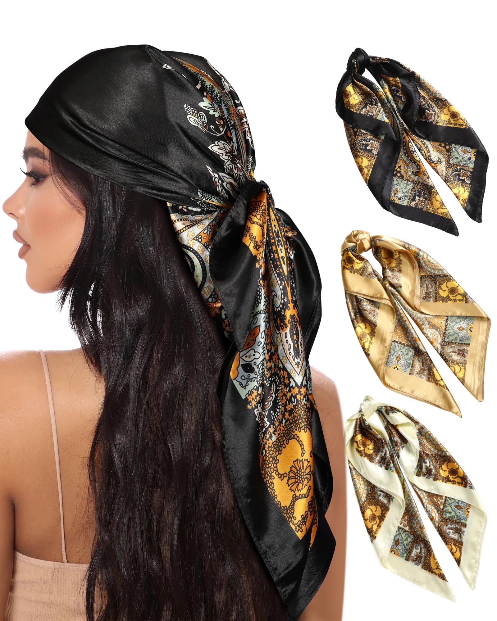 Photo 1 of **MISSING GOLD ONE**AWAYTR 35” Large Square Satin Head Scarf - 3Pcs Satin Hair Scarves Silk Feeling Bandana Headscarf for Women (Cashew(Camel/Black/Beige))