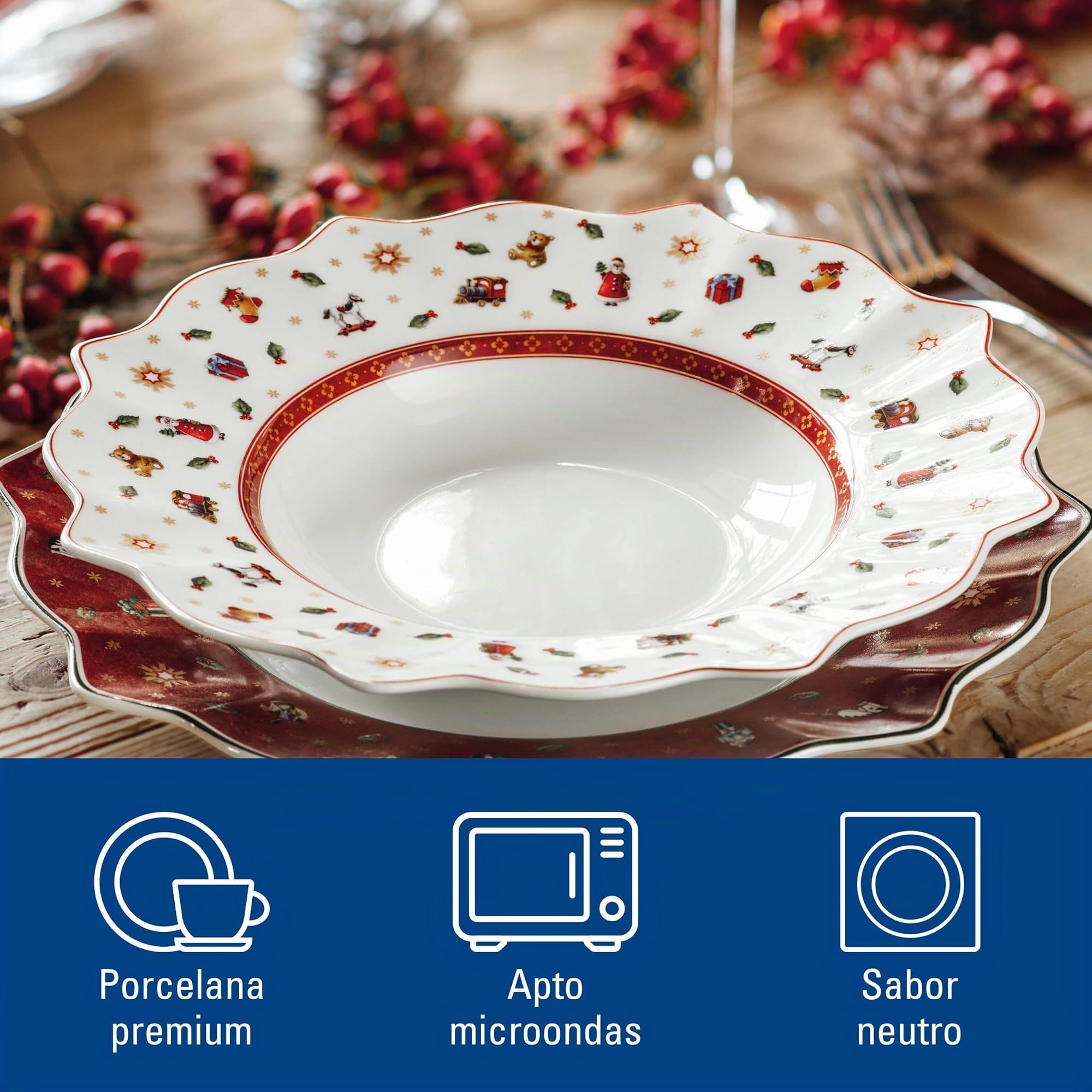 Villeroy & Boch – Toy's Delight Plato Hondo Rojo y Blanco, Apto para Microondas, Plato Sopa Navidad, Vajilla Navidad Toys, Plato Navideño, Cuenco Sopa, Bol de Sopa, Premium Porcelain