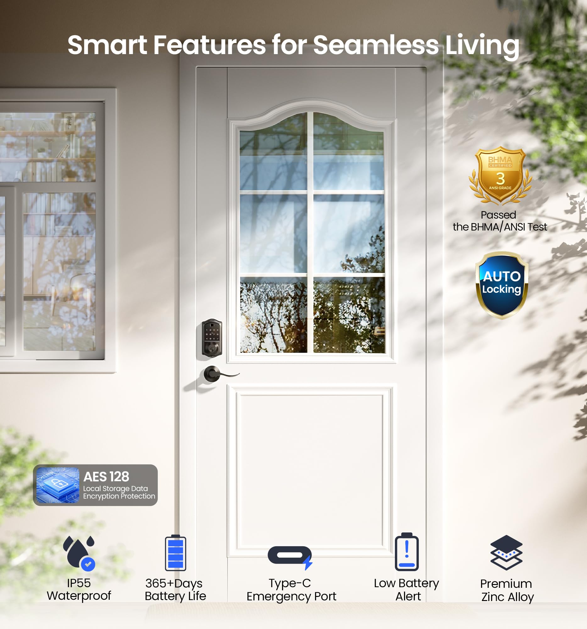 Veise VE017-L Fingerprint Smart Lock with 2 Lever Handles, Keyless Entry Front Door Lock Set, App Control, Electronic Digital Keypad Deadbolt, Easy Installation, Emergency Power Port, Matte Black