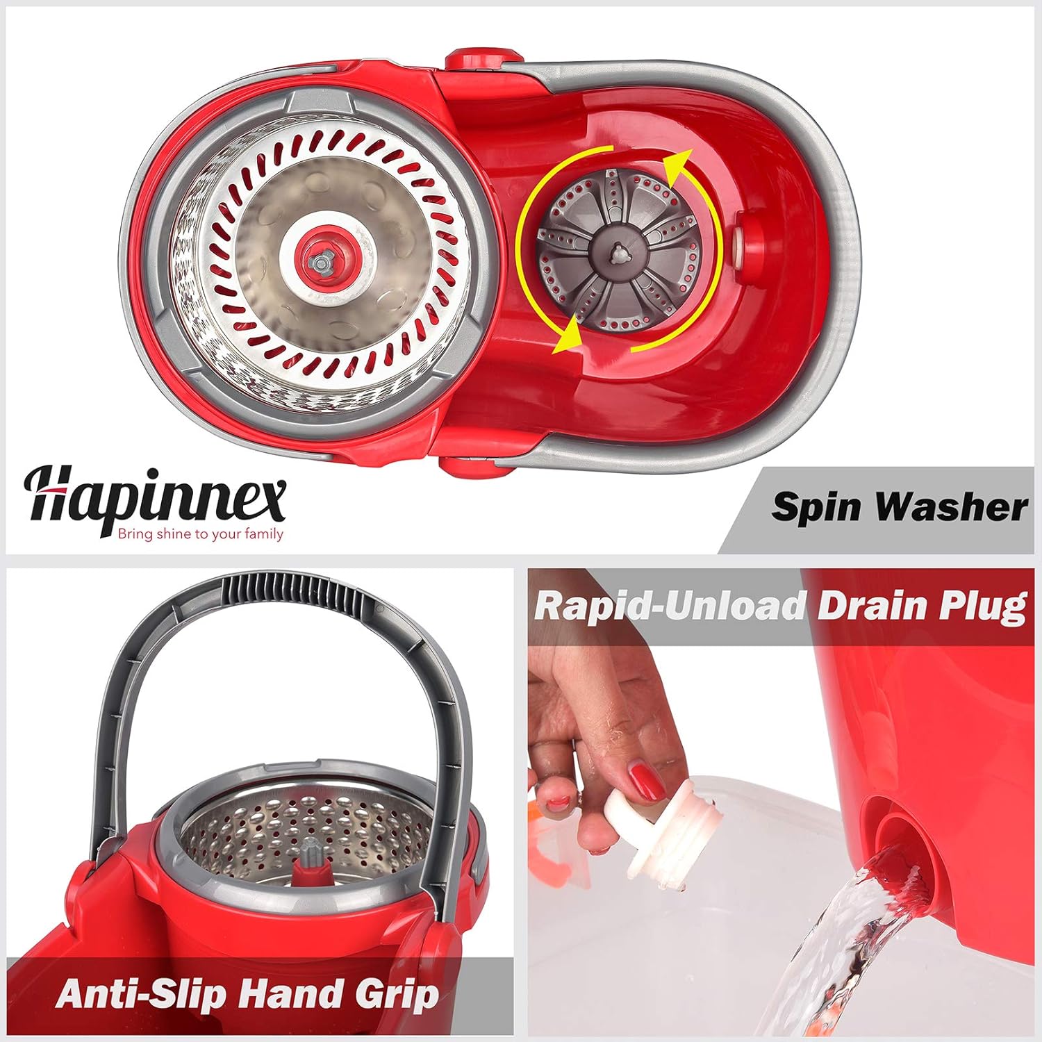 Get Popular Offer HAPINNEX Spin Mop and Bucket with Wringer Set - for Home Kitchen Floor Cleaning - Wet/Dry Usage on Hardwood & Tile - Upgraded Self-Balanced Easy Press System with 2 Washable Microfiber Mops Heads