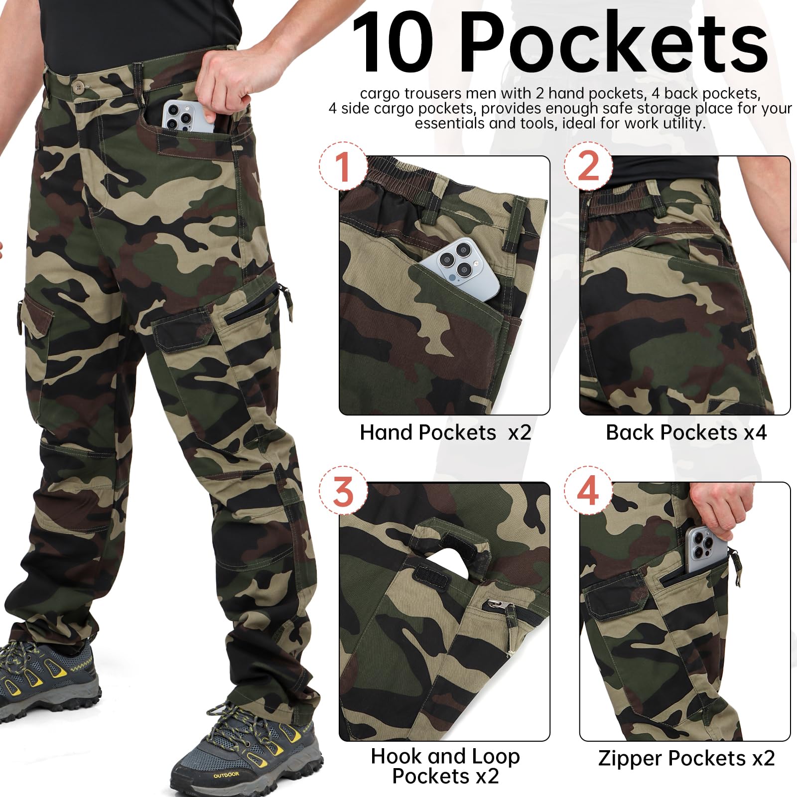 LY4U Pantaloni da Lavoro Cargo da Uomo, Pantaloni Casual da Esterno Mimetici in Cotone - Abbigliamento da Trekking da Campeggio con 10 Tasche