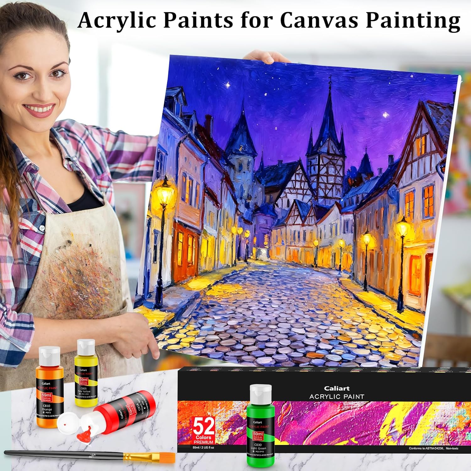 Caliart Acrylic Paint Set, 52 Colors Art Craft Paints, Rich Pigments Water Proof for Adults Artists Beginners, Canvas Ceramic Wood Fabric Rock Painting Kit Art Supplies with 4 Brushes