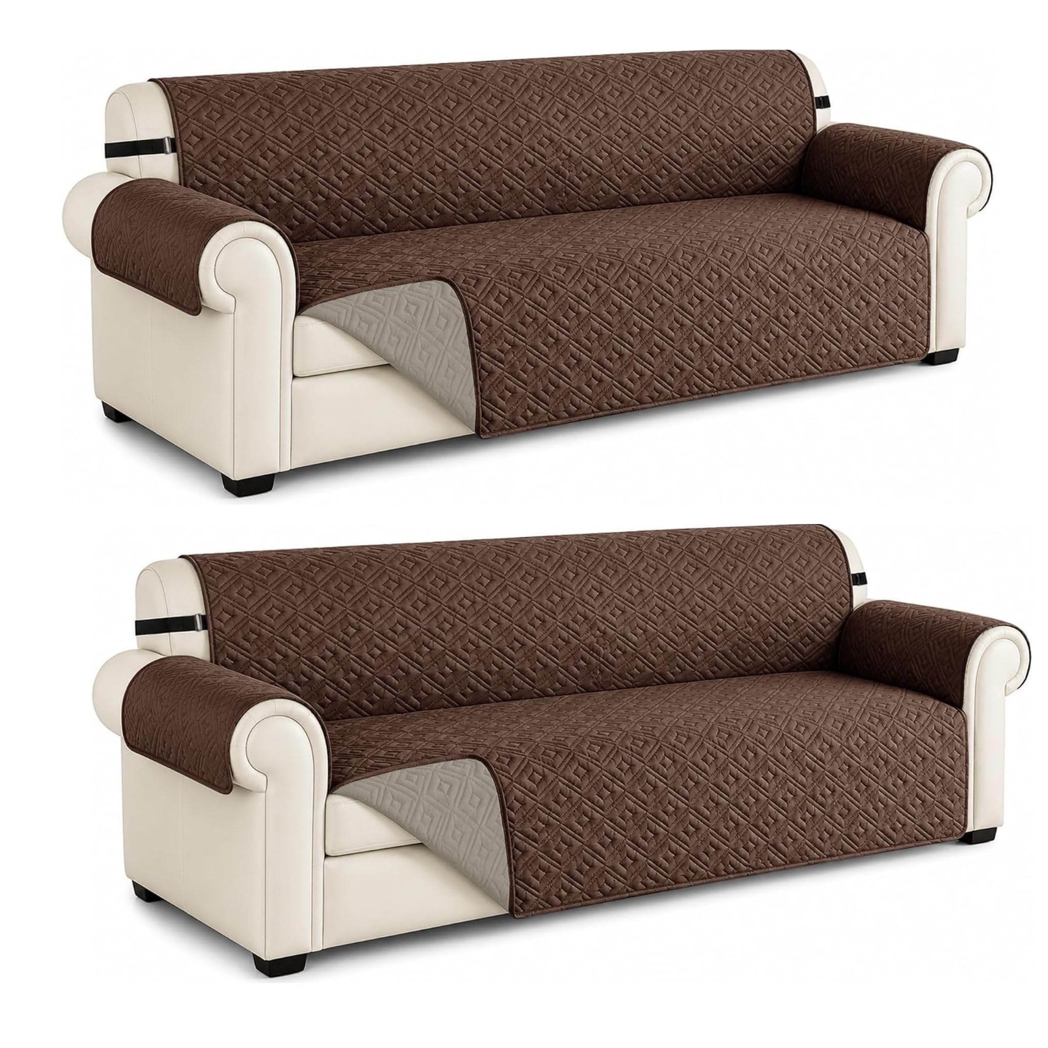 AMEHA Sofa Cover 3 Seater Water Resistant Sofa Slipcovers 2 Pack – Non Slip Reversible Sofa Protectors from Pets & Kids with Adjustable Elastic Straps Embossed Quilted Couch Covers, Brown - Beige