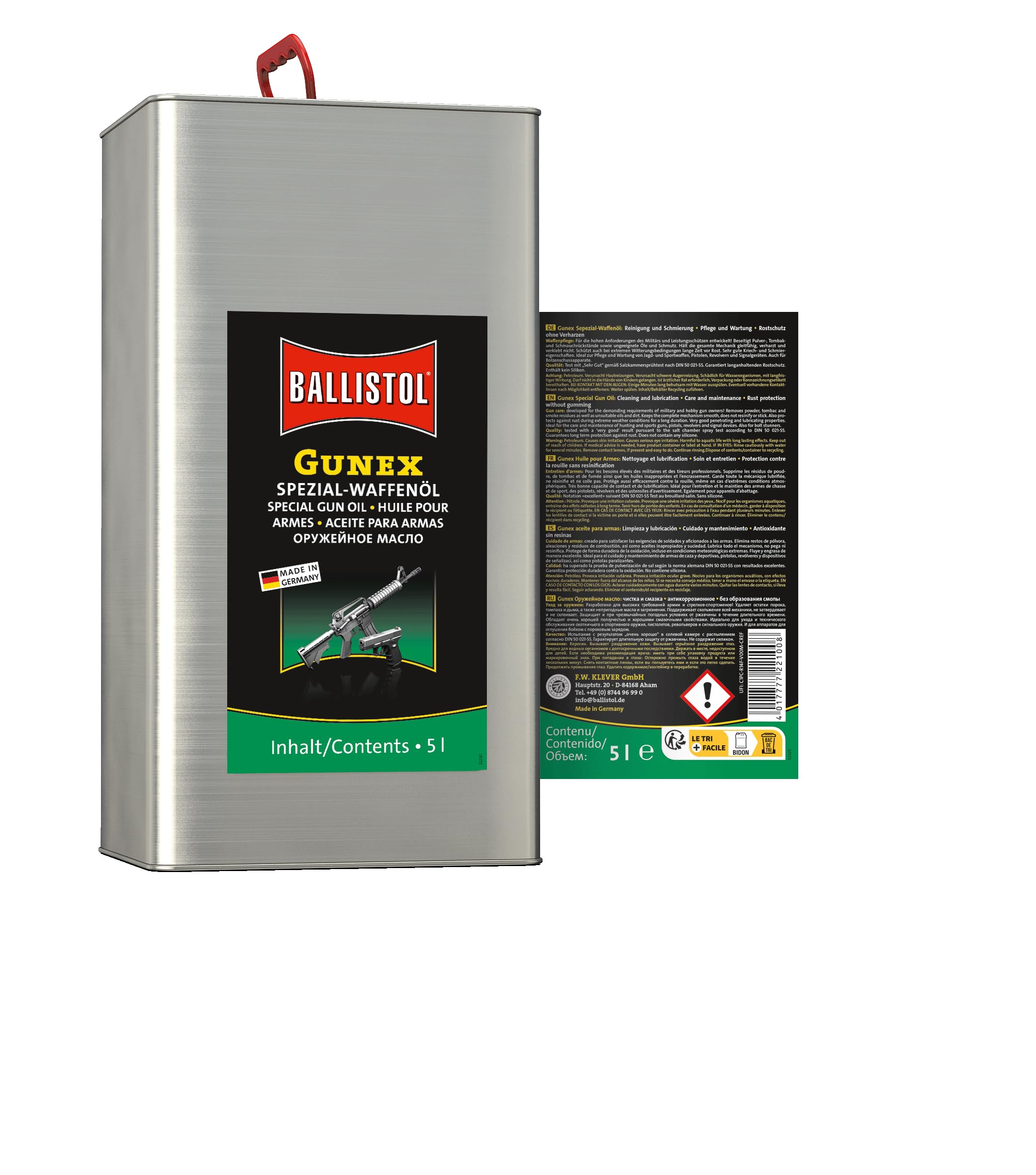 BALLISTOL GUNEX 22100 Olio per armi da 5 l, olio per la cura delle armi resistente alle temperature – pulizia, manutenzione, antiruggine