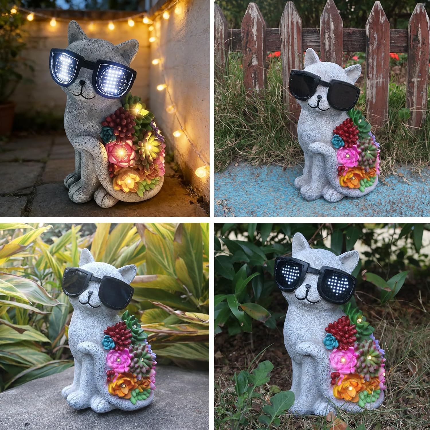 Sharita Solar Cat Garden Decor Statues - with Succulent LED Lights Cat Figurines Gifts for Women Mom Grandma Outdoor Decoration for Patio Yard Lawn