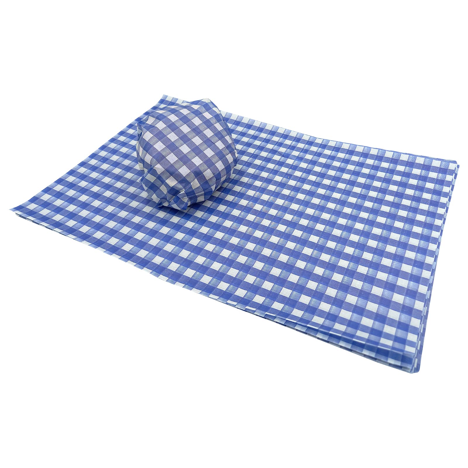 Sunrise Packaging50 x Small Gingham Food Wrapping Paper, 200x250 mm, 32 gsm, Checkered Blue & White, Disposable Greaseproof Sheet, Basket Liner, Food Packing, Serving, Burger Wraps