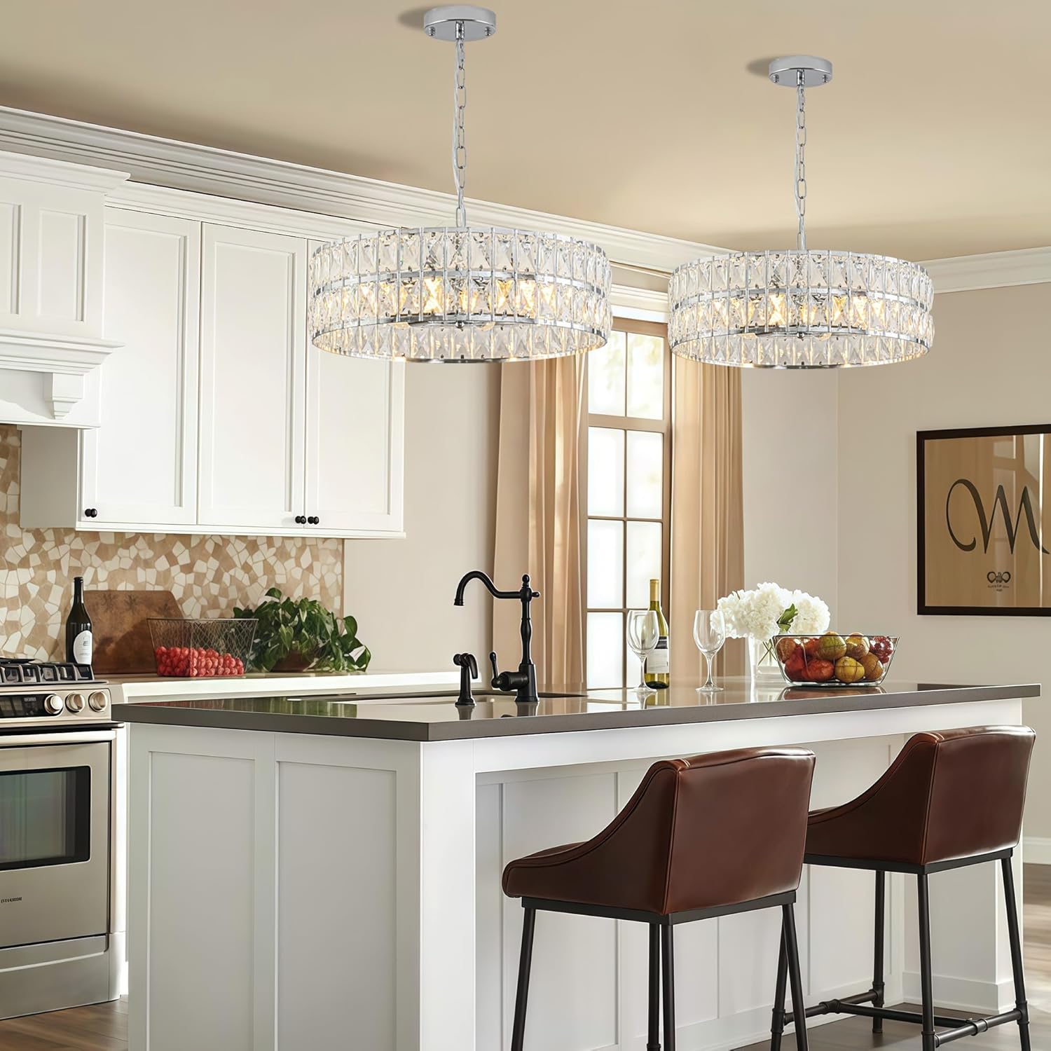 Crystal Chandelier for Dining Room,17.7'' LED Luxury Modern glass Mount Chandelier Fixtures, Round Kitchen Hanging Drum Pendant Lights Ceiling for Living Room Bedroom Foyer, with 6pc*5W Bulbs (Chrome)