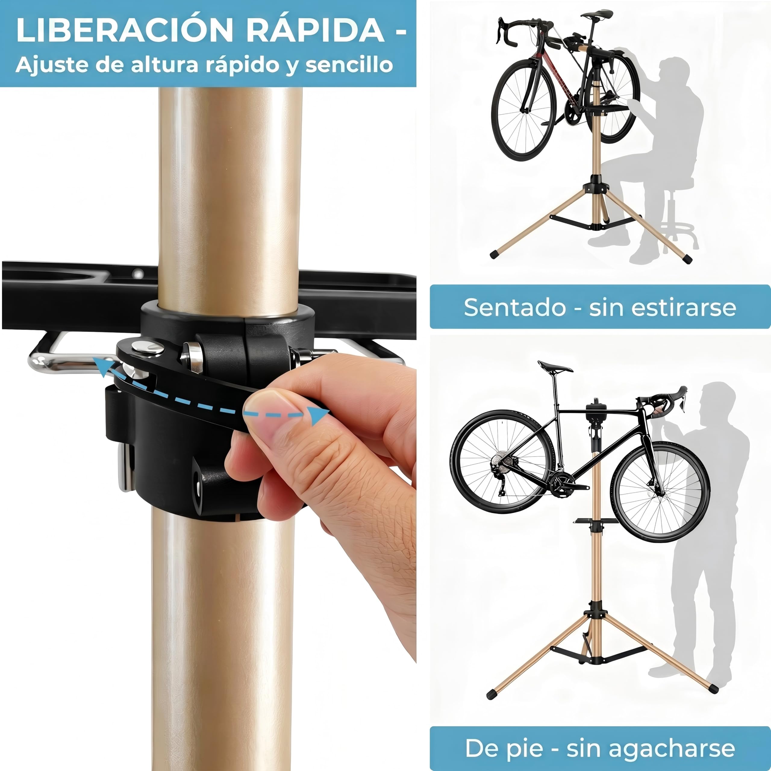 Caballetes para bicicletas de aluminio tres patas, reparación y montaje, totalmente plegable, doble cierre seguridad, diseño compacto, ultraligero, bandeja magnética de gran tamaño