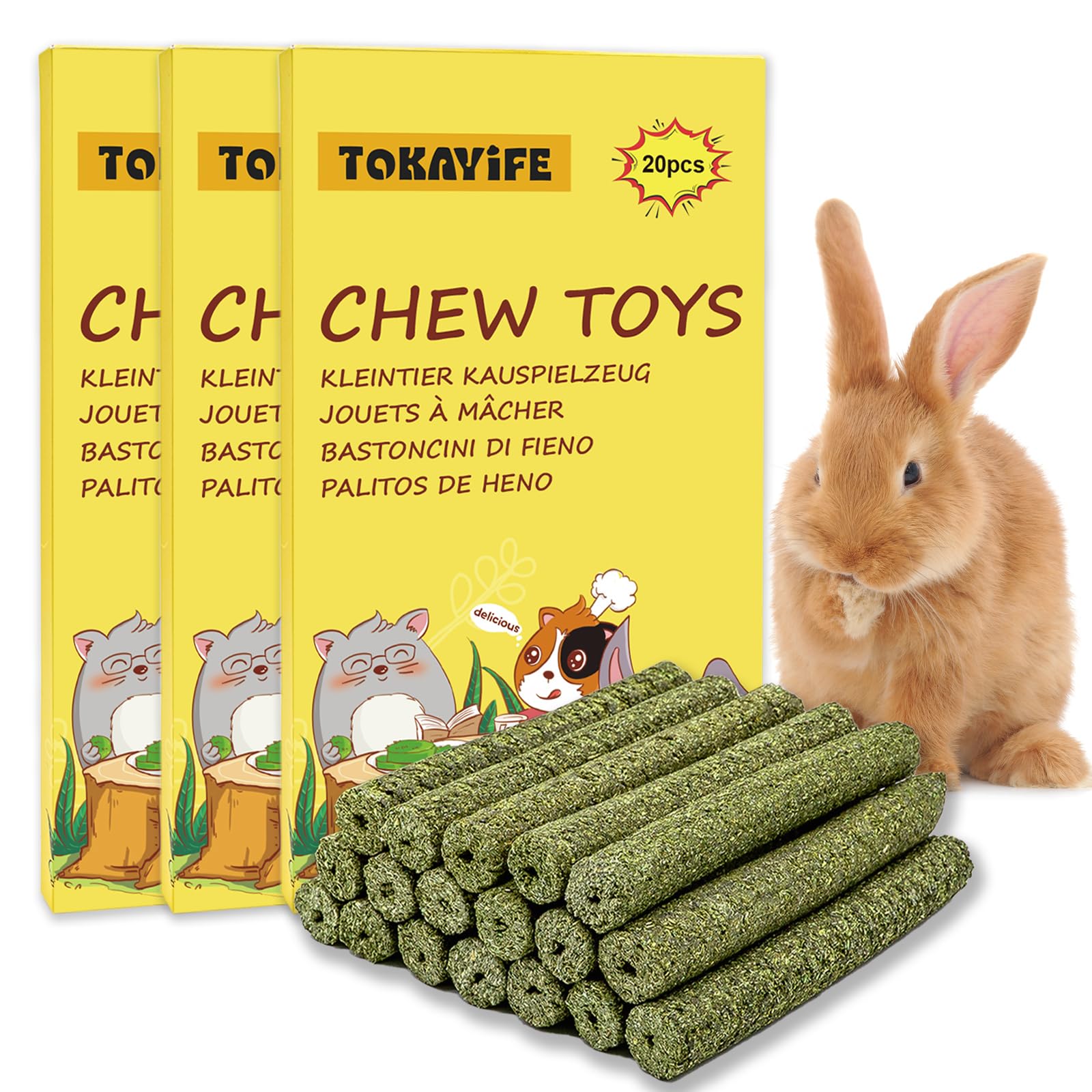 TOKAYIFE Kaninchen　Kauspielzeug, Kaninchen Leckereien, natürliche Timothy Heu Sticks, Langeweilebrecher für Kaninchen, Chinchillas, Meerschweinchen, Hamster (60 Stück (1er Pack))
