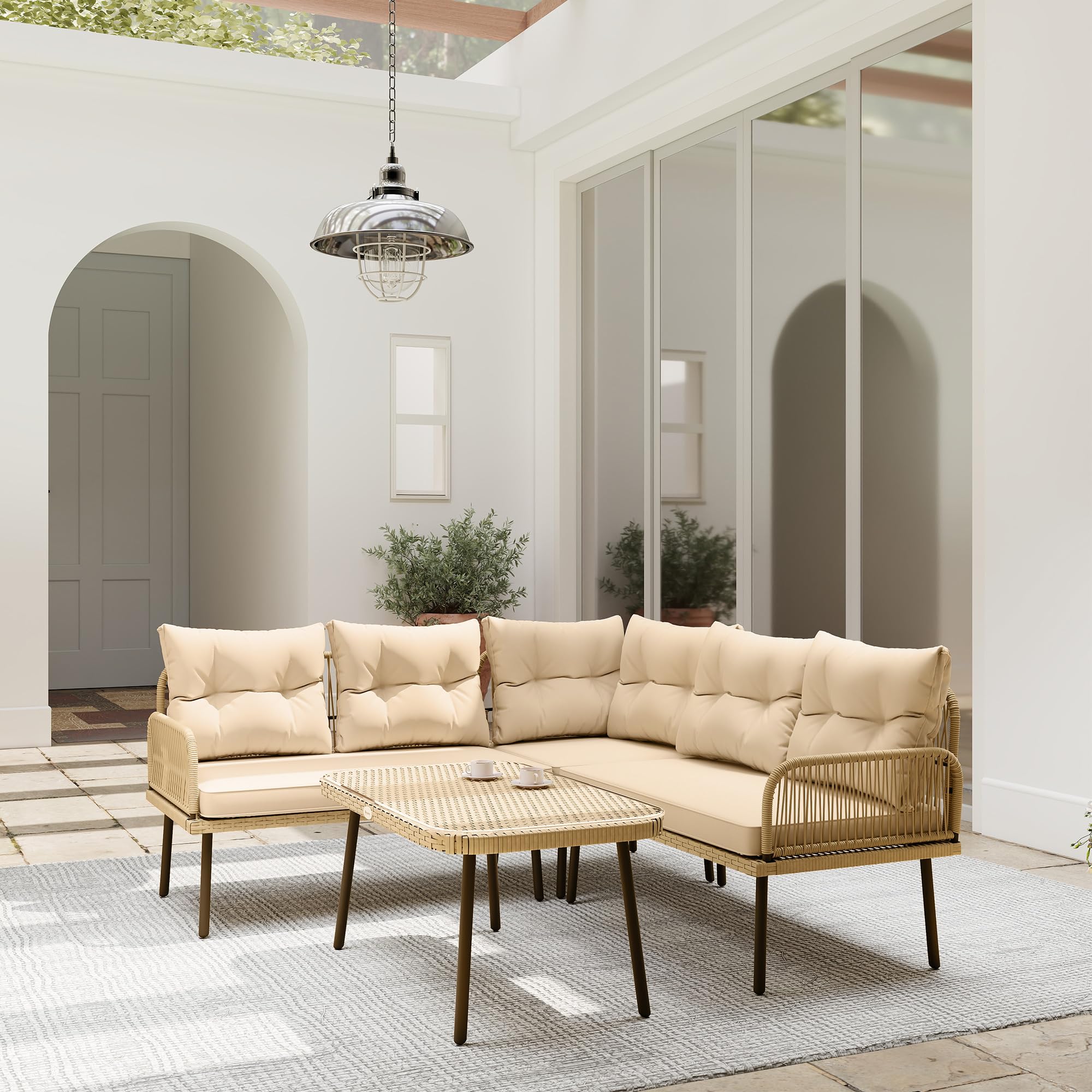 Outsunny Set di Mobili da Giardino in Rattan 4 Pezzi, Salotto da Esterno con 2 Divano a 2 Posti, Poltrona Angolare, Tavolino da Caffè in Vetro e Cuscini Lavabili, Struttura in Acciaio, Naturale/Beige