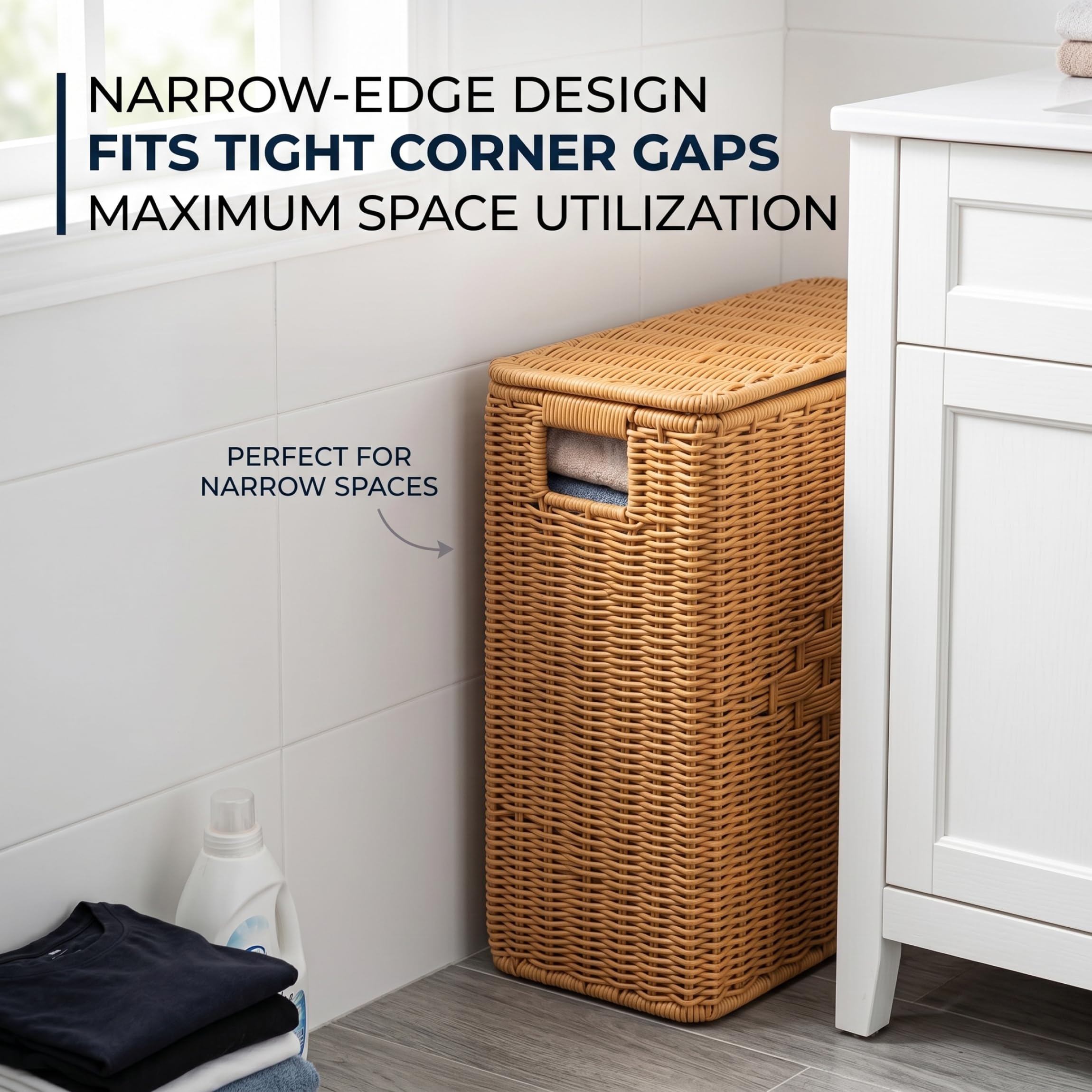 Cesta estrecha cesta tejida a mano con tapa organizador de esquina que ahorra espacio para sala de estar baño y dormitorio 15 × 6 × 10 pulgadas.