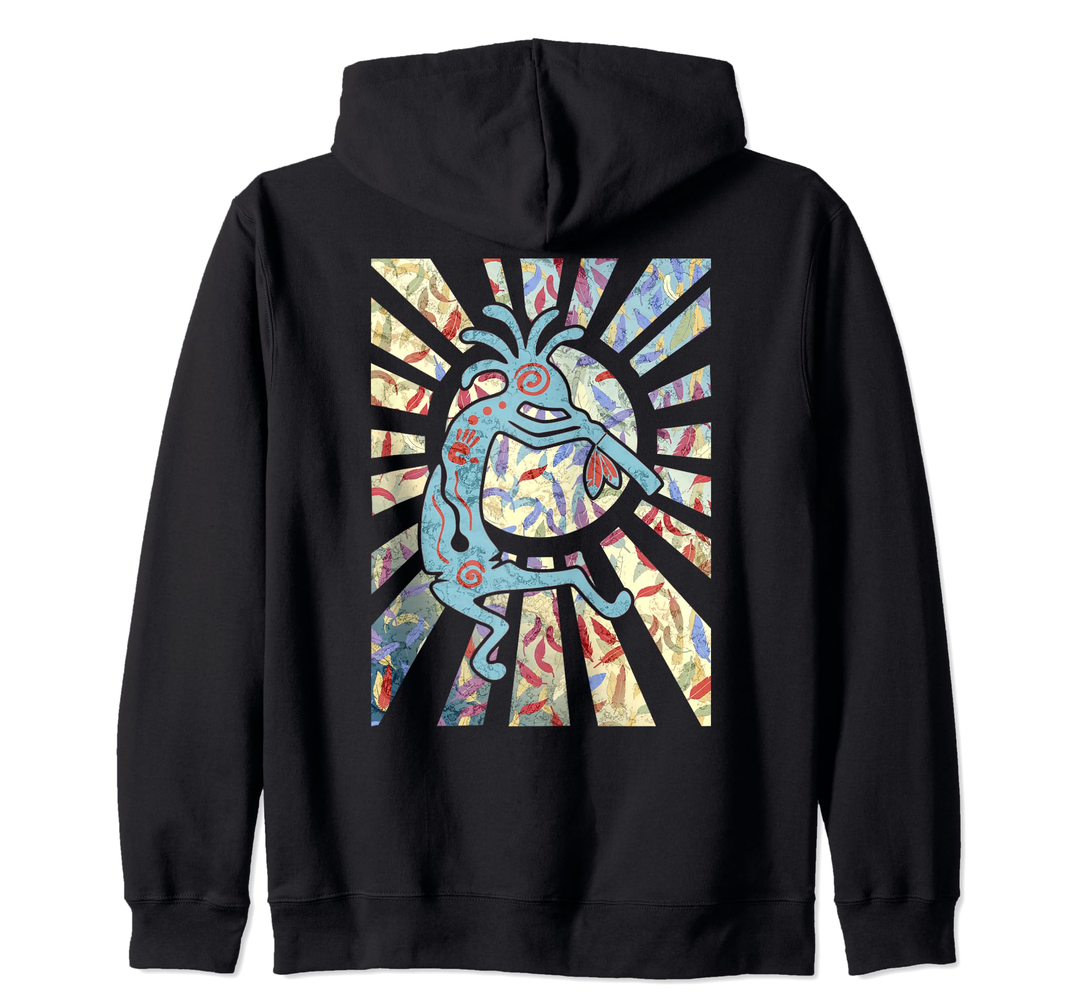 Kokopelli Musican Friend - Feathers Pattern 1 - Fan Fun Zip Hoodie, Black - Image 2