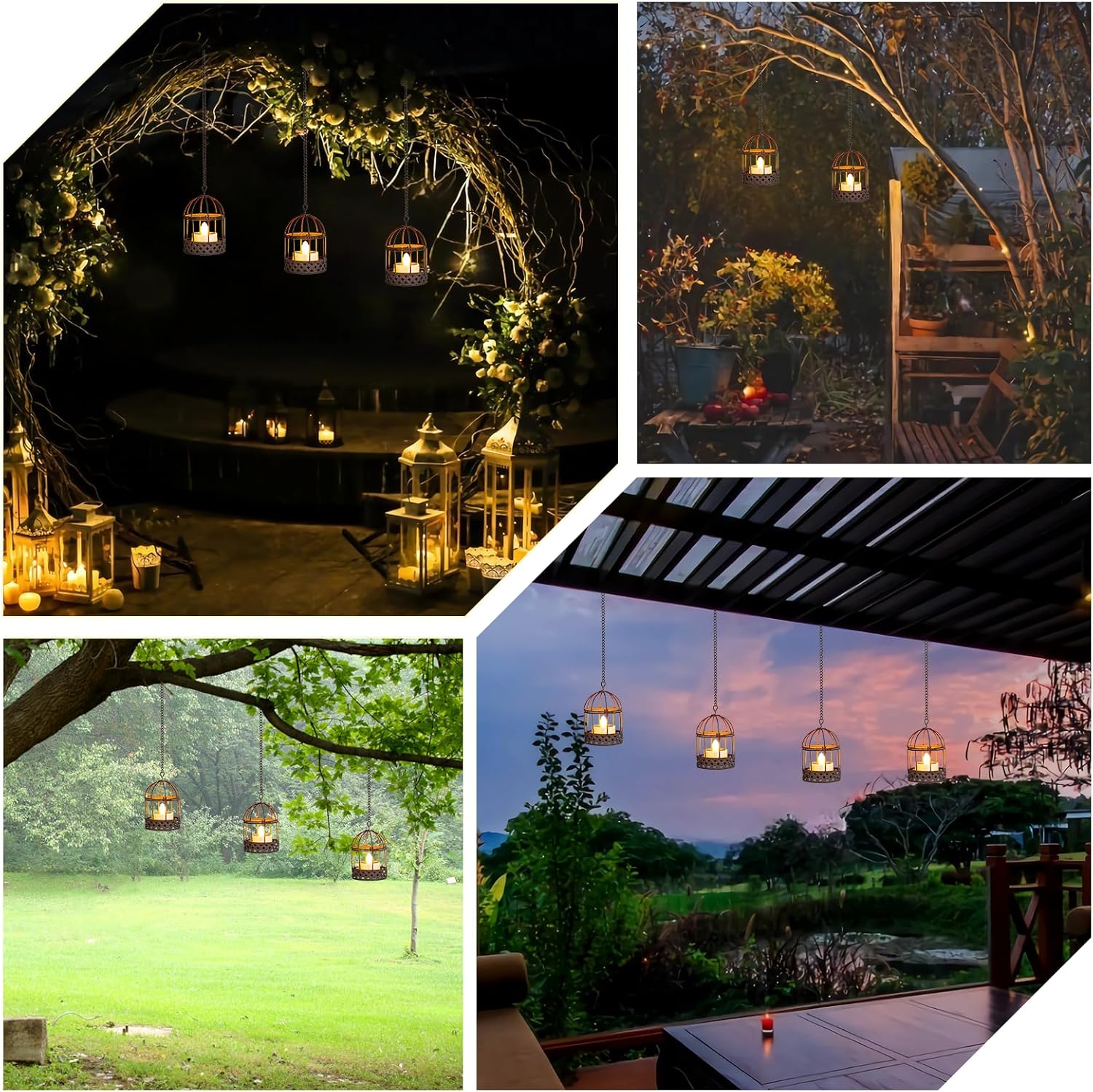 Solar-Hanging-Lanterns-Outdoor-Waterproof, Rust Birdcage Style Candle Holders with Flickering Solar Tea Lights for Backyard Patio Garden Fence Tree Decoration (4)