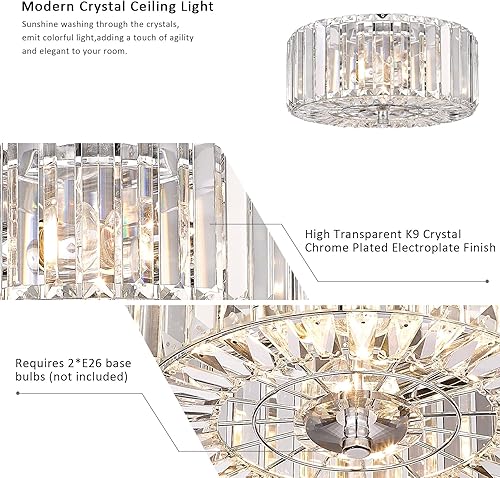 Miniatura 4 de Lámpara de Techo Empotrada Redonda de Cristal de 11", Moderna Luminaria de Techo Pegada al Techo, Luces de Techo Cromadas de 2 Luces para Pasillo,