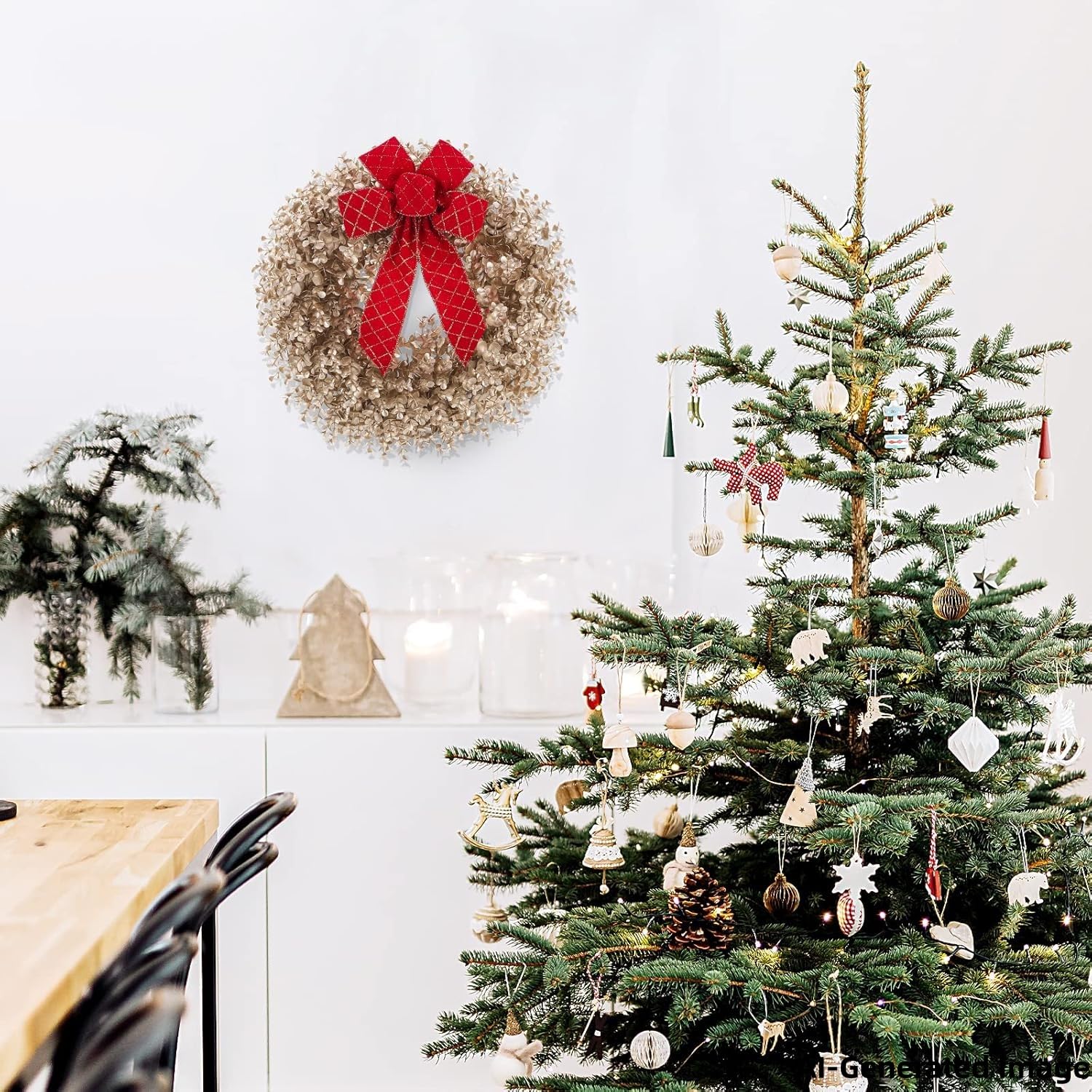 Couronne de Noël en buis de 45,7 cm avec nœuds et suspension de porte, convient pour porte d'entrée, salon, cheminée, fenêtre, ferme et couloir (doré)