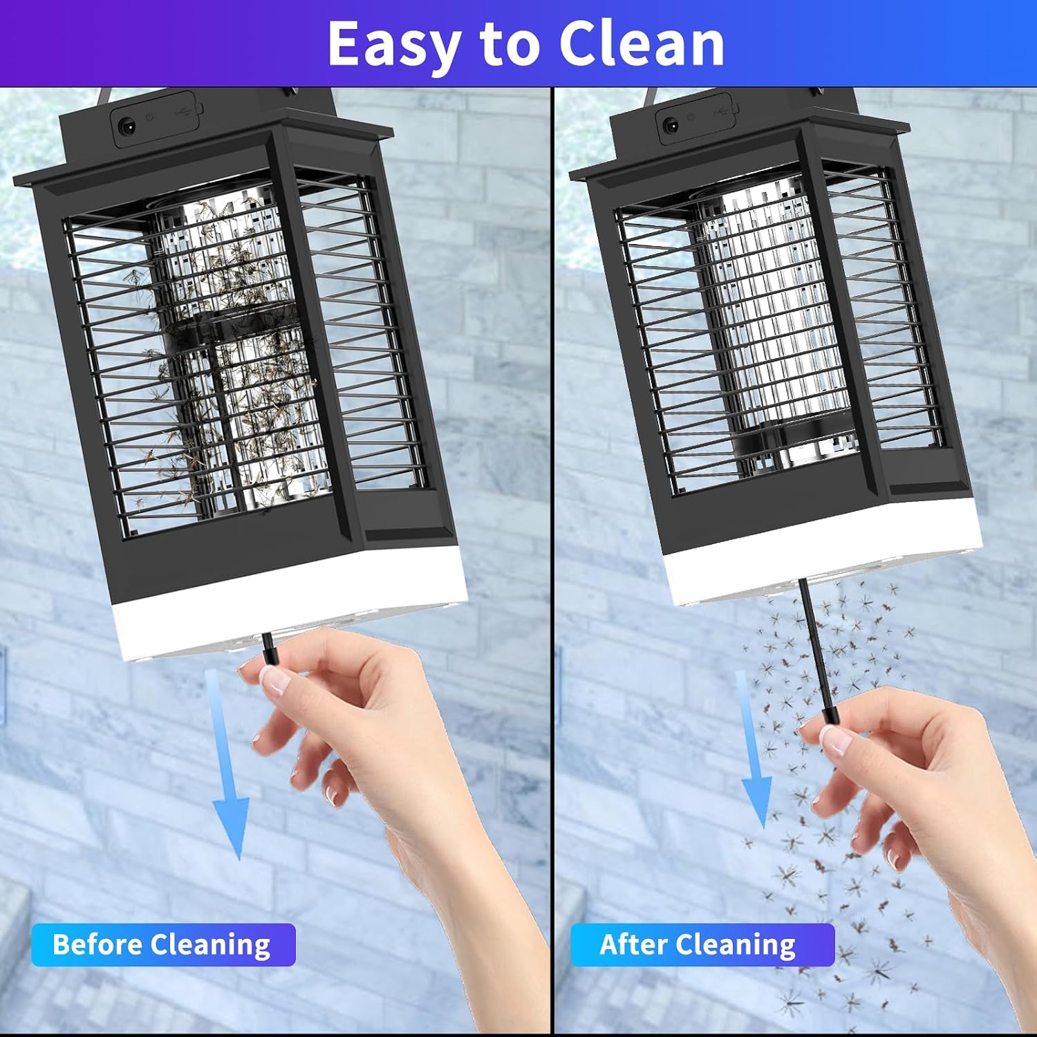 Two images showing the PALONE Solar Bug Zapper before and after cleaning, with dead insects removed from the grid.