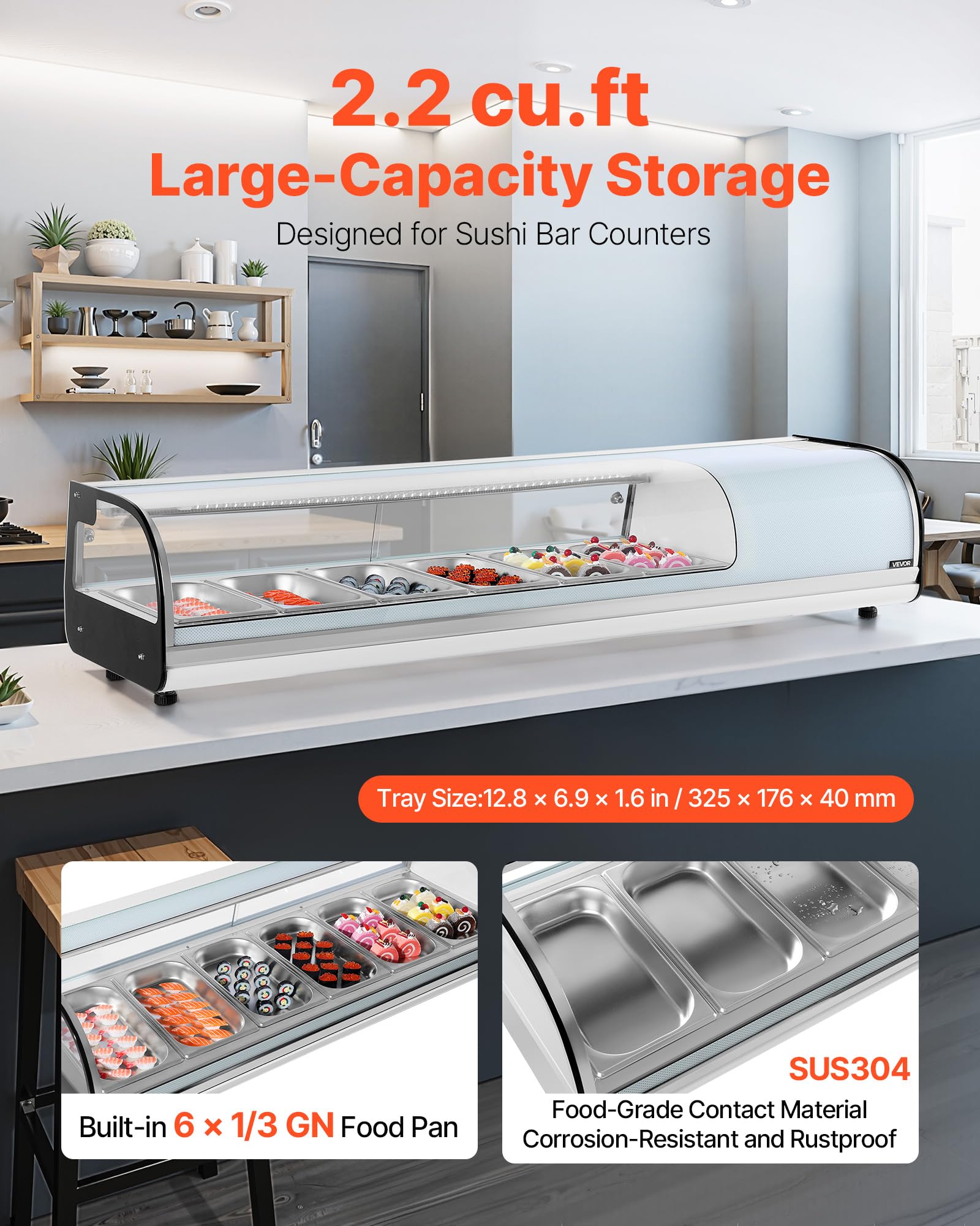 VEVOR Vetrina Refrigerata per Sushi Commerciale da 62 L, 6 Teglie con Vetro Curvo, Illuminazione a LED e Controllo Digitale della Temperatura, Frigorifero per Bancone Ristorante Negozio
