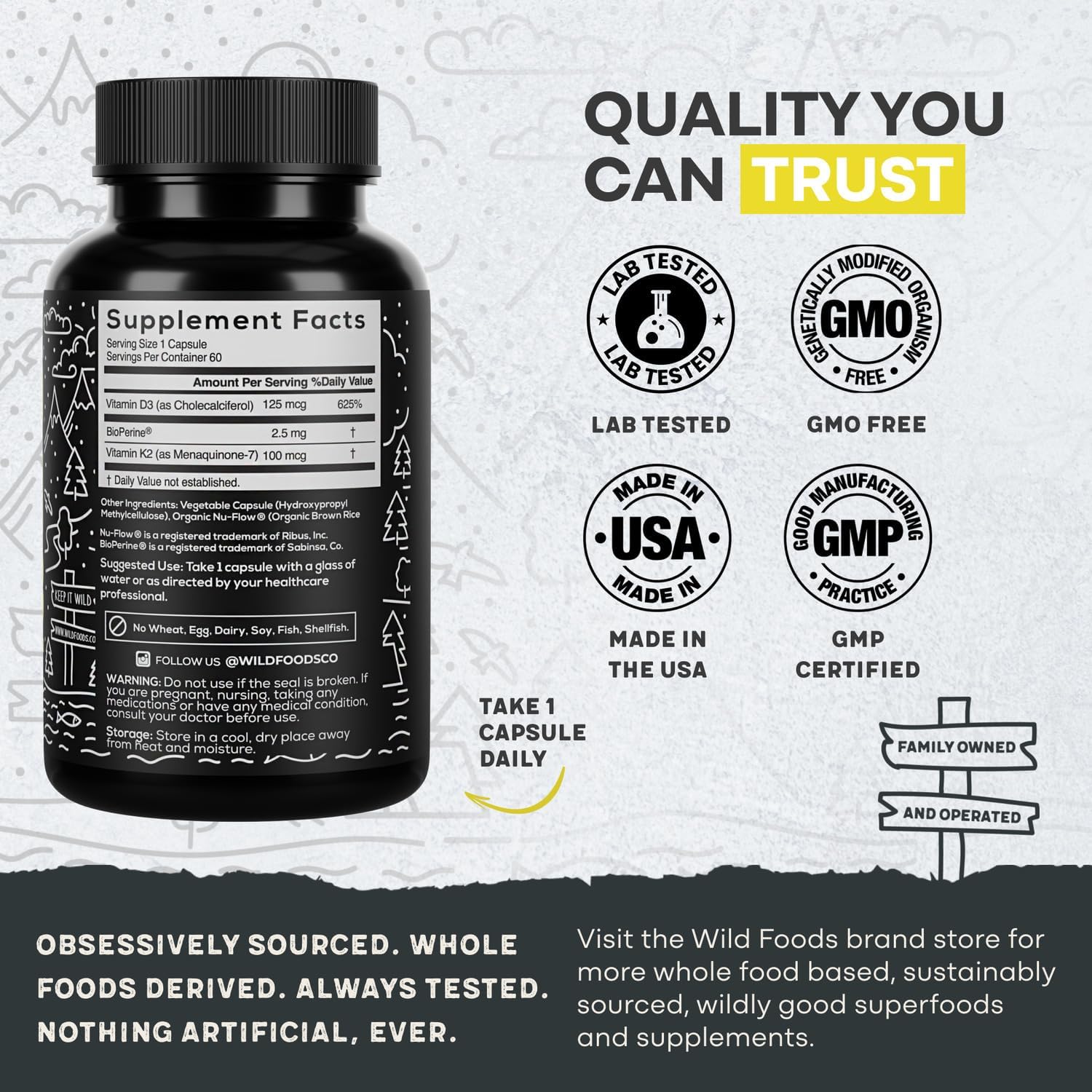 Wild Foods 5000iu Vitamin D3 + K2 | (100mcg Mk7) with Black Pepper Extract, Plant-Based, Non-GMO, Soy & Gluten-Free | Dietary Supplement | Made in USA | 60 Caps (Pack of 2)