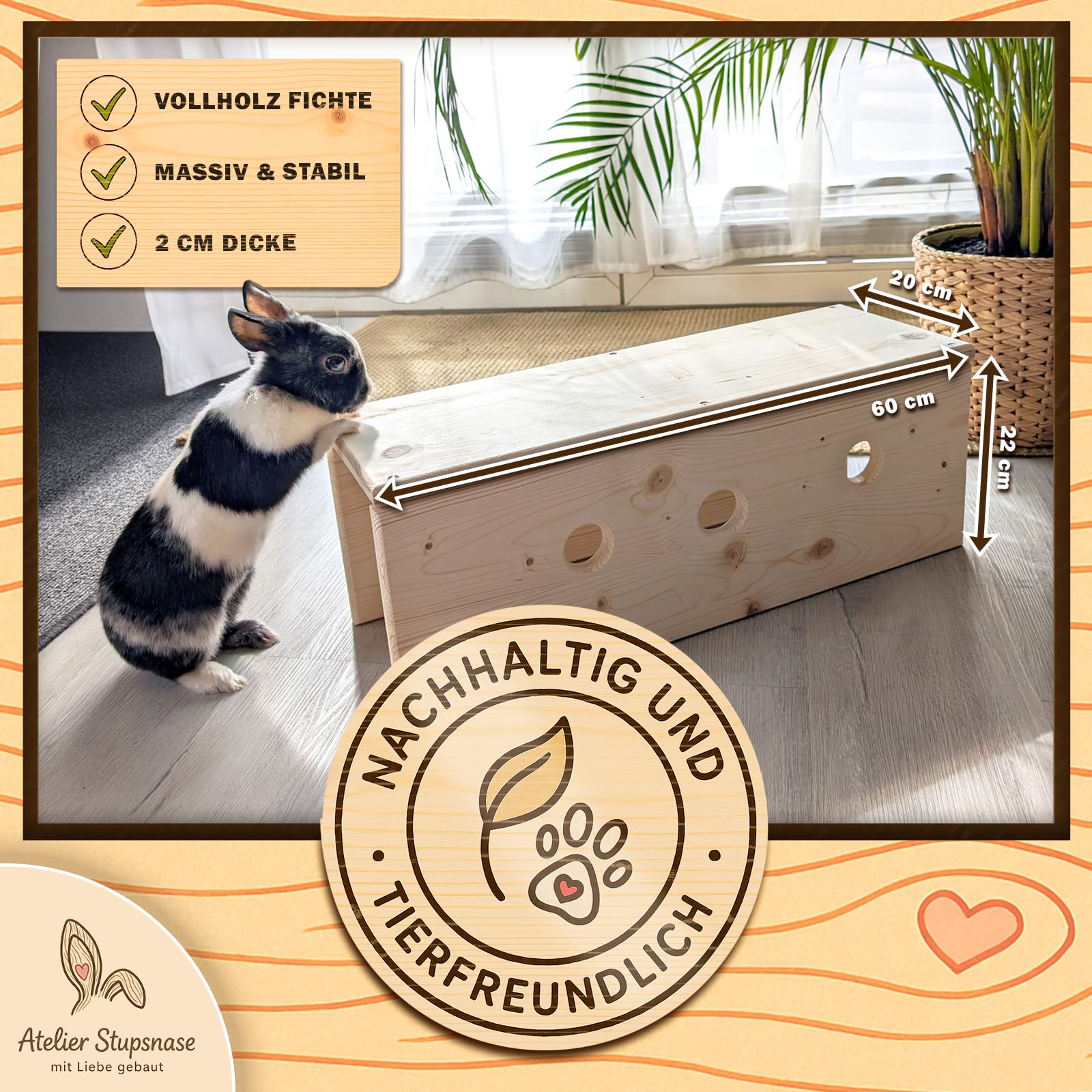 Holztunnel für Kaninchen aus massiver Fichte - 60 cm - Handgemachte Häuser für Kleintiere (Mit Schutzlack)