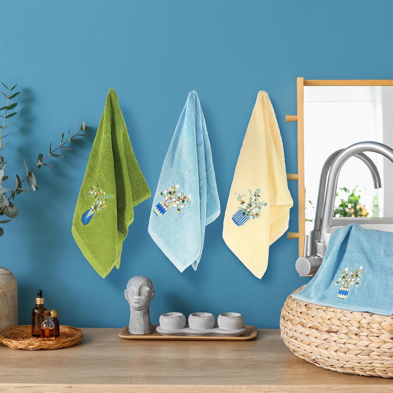 Hand Towels Eucalyptus Leaves 3 Pack Absorbent Farmhouse Green Bathroom Dishcloth Embroidered Soft Cute 100% Cotton Towels for Bathroom Kitchen - Image 4