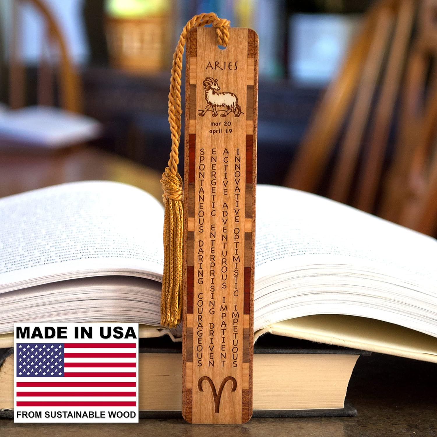Personalized Aries Zodiac Astrological Sign Handmade Engraved Wooden Bookmark - Made in USA - Also Available Without Personalization