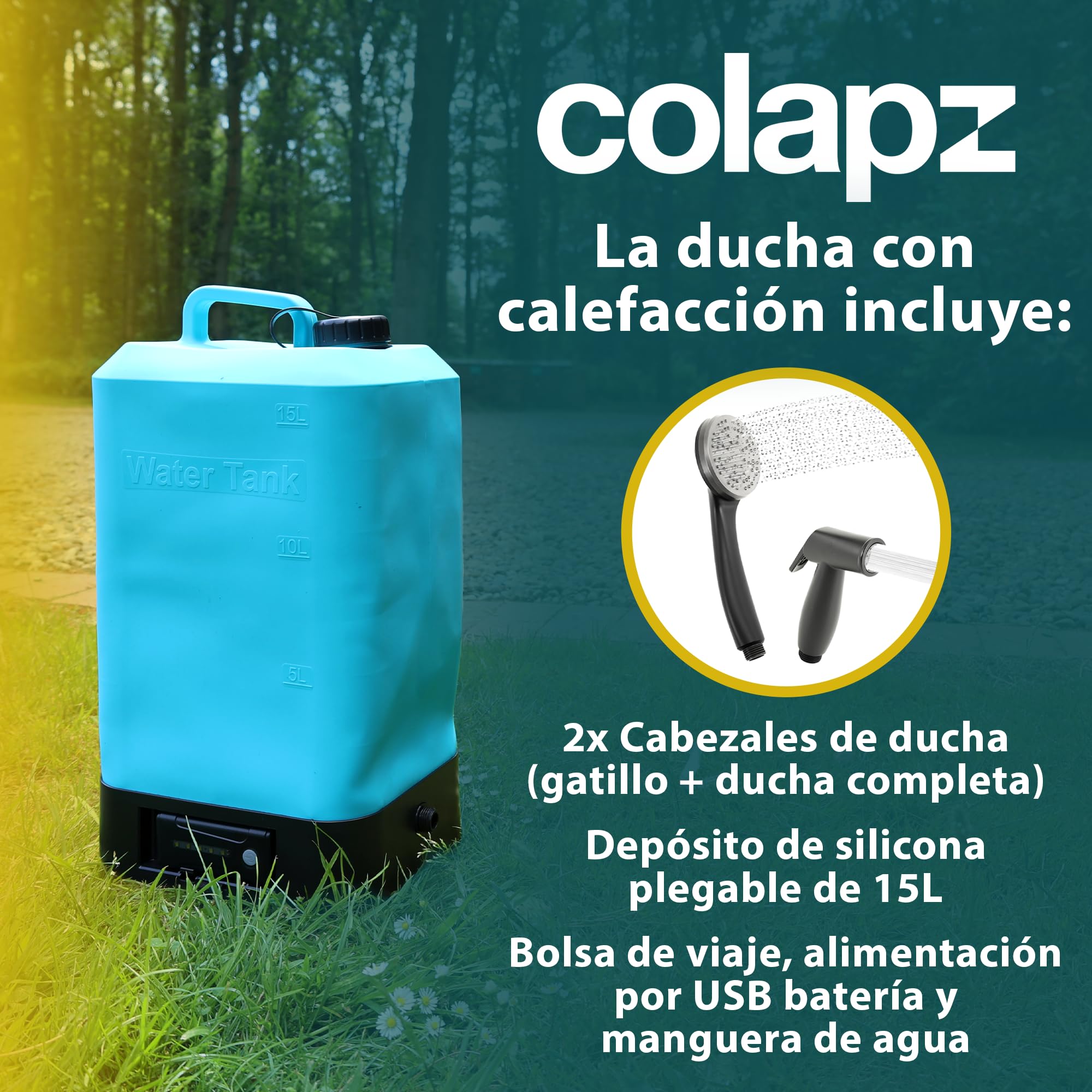 Colapz Ducha de Camping Eléctrica Portátil con Batería y Depósito 15L – Ducha Exterior Caliente hasta 42 °C – Ducha Móvil para Autocaravana, Van, Viaje, Festival, Senderismo y Jardín