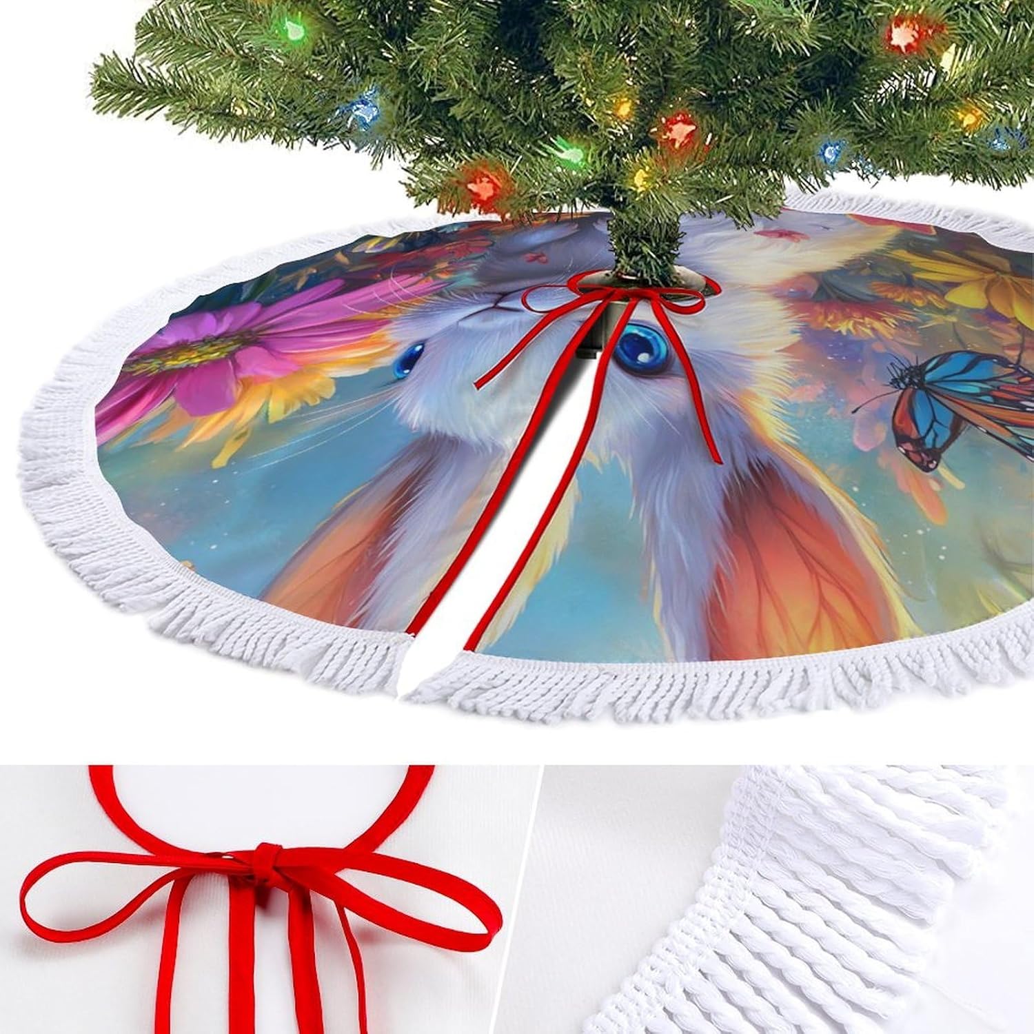 Cute Bunny Flowers Christmas Tree Skirt Round Xmas Tree Mat Ornaments Tree Skirts with Tassels for Holiday Party