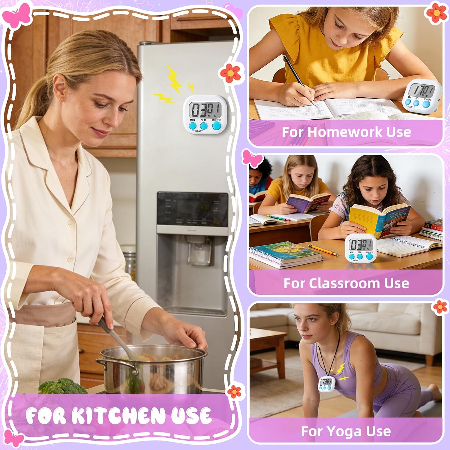 24 Pcs Multi-Function Electronic Timer Small Digital Kitchen Timer Digital Timer with Stickers Magnetic Back for Cooking Classroom Study Gym with Countdown/Up Mode,White