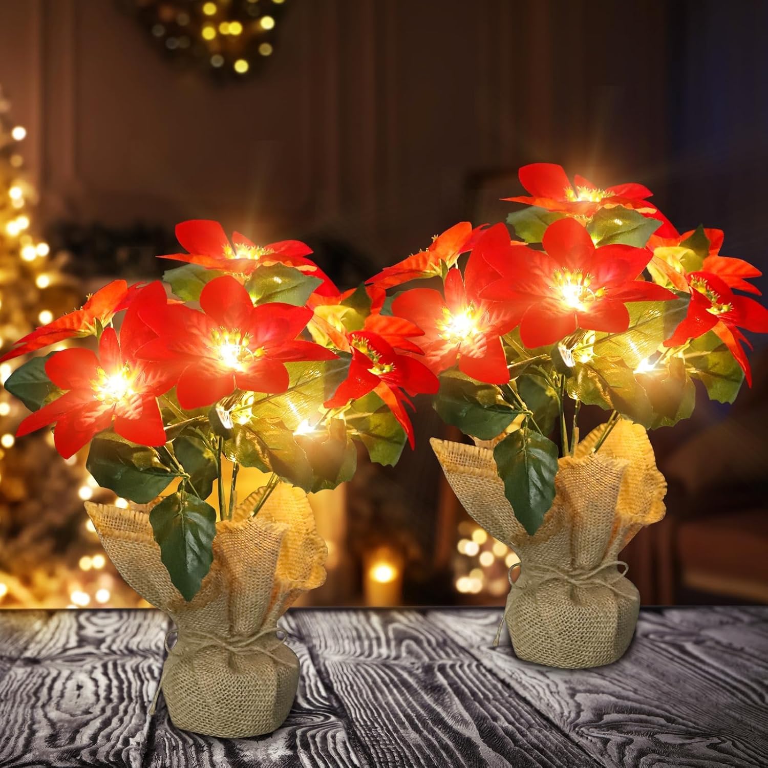 OPTB 2 Pack Christmas Poinsettia Artificial Flowers, Silk Fake