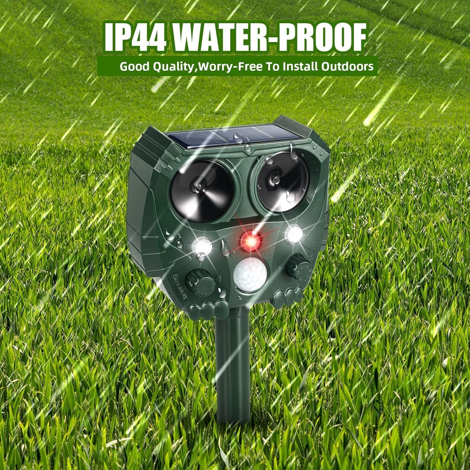 Close-up of the solar animal repellent with text 'IP44 WATER-PROOF' and rain falling, indicating its weather resistance.