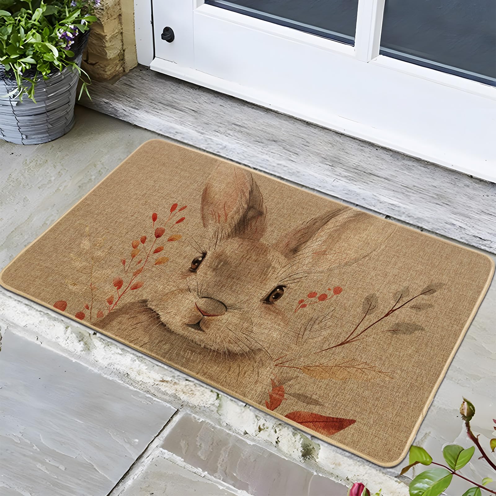 Spring Bunny Doormat, Brown Rabbit Door Mat for Outdoor & Indoor Entrance Rustic Decor, Rubber Waterproof Non-Slip Dust Absorbent Front Doormat, Easy Clean 29x17 Inch