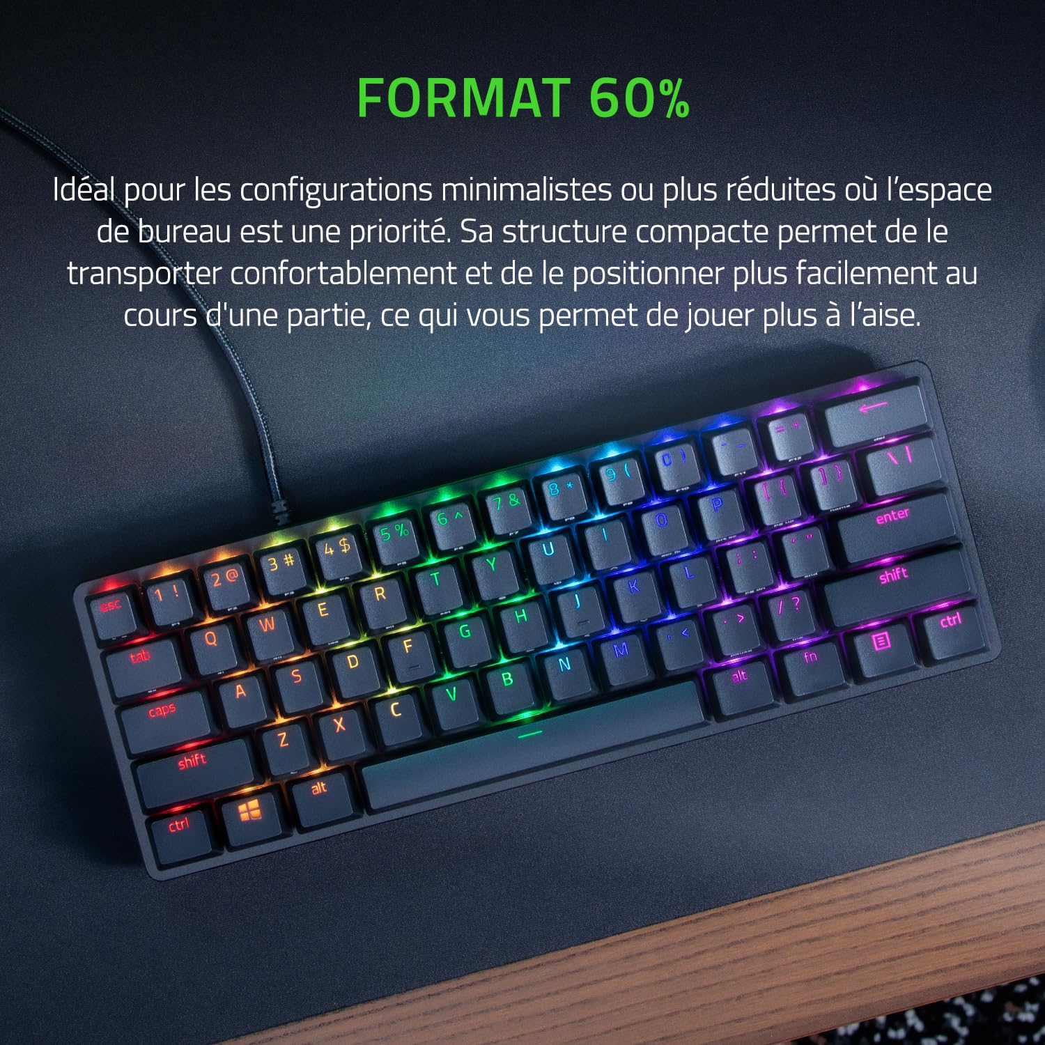 Razer Huntsman Mini (Switches Violets) - Clavier Gamer Compact à 60% (Switches Opto-Mécaniques Clicky, Touches en PBT, Câble USB-C Détachable) Clavier AZERTY | Noir
