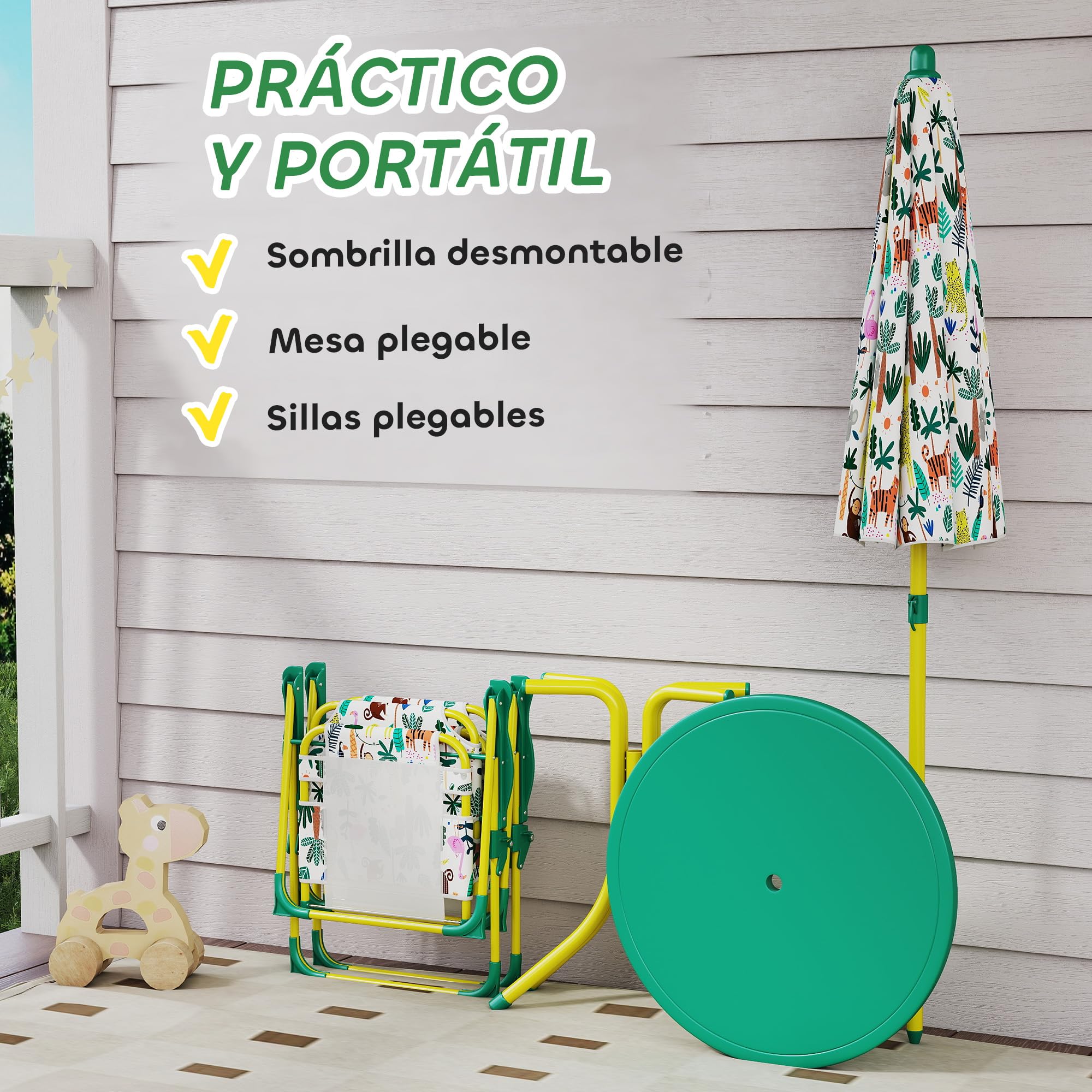 AIYAPLAY Conjunto de Mesa y Sillas Infantil de Jardín de 4 Piezas, Mesa Infantil con Sillas Plegables, Sombrilla Desmontable, Diseño de Jungla, para Patio, Pícnic, Verde