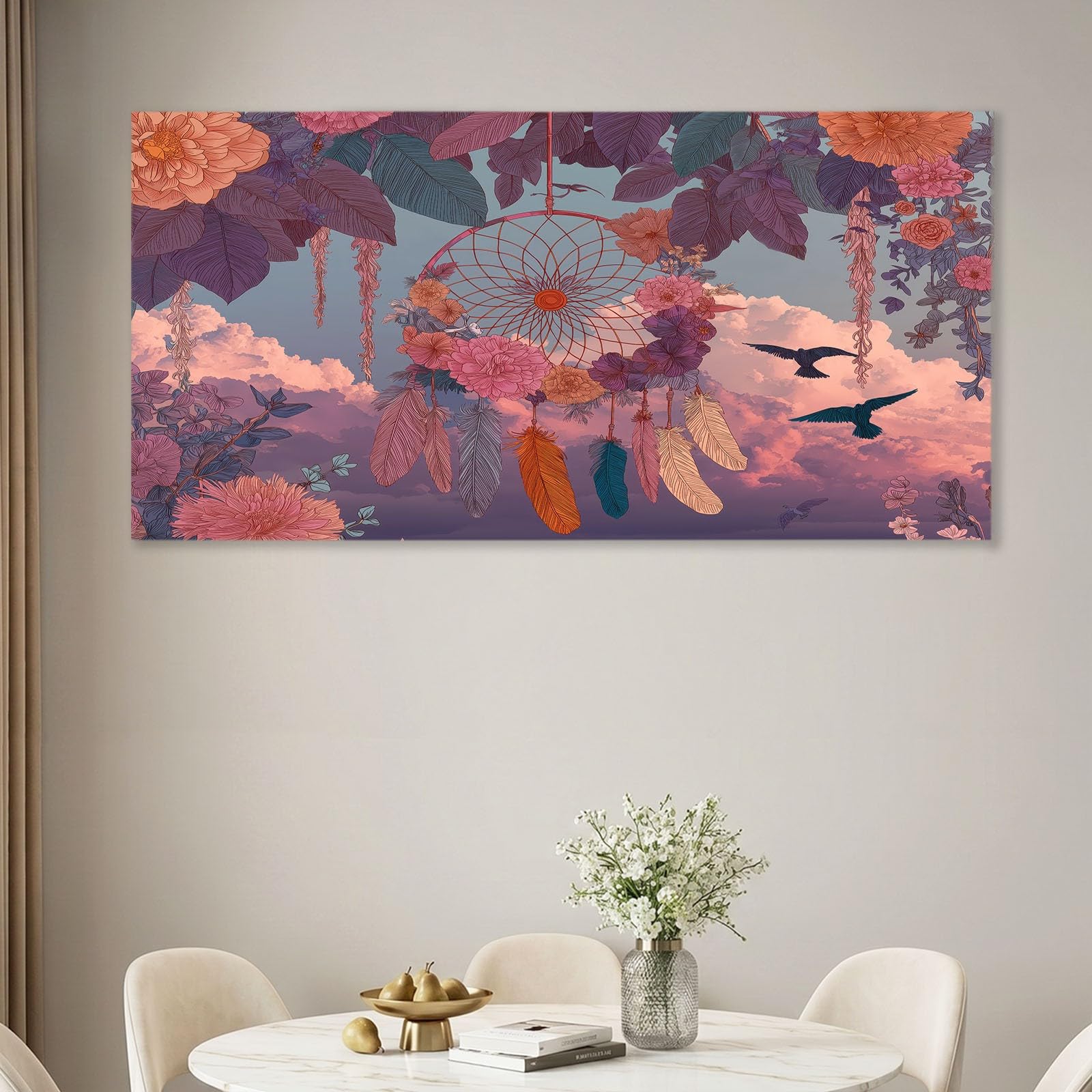 Leinwandbild Wohnzimmer Wandbilder Boho Stil 90 x 60 cm Bild auf Leinwand Kunstdruck Deko für Schlafzimmer, Flur, Büro und Küche - Traumfänger Federn Blumen Rosa