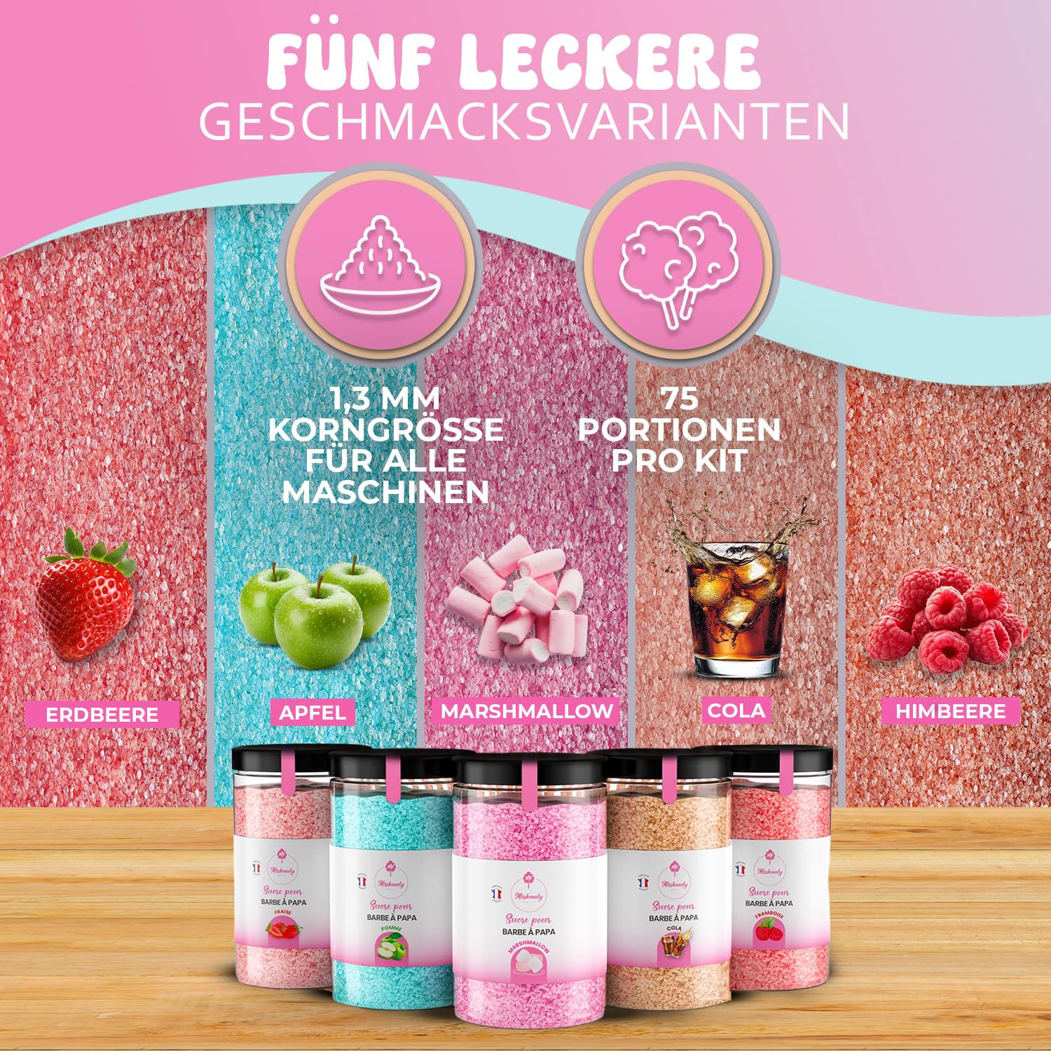 Misskandy®, Zuckerwatte Zucker (Farbstoffe ohne Azofarbstoffe) / Charge (5 * 300Gr)= 1,5kg/Erdbeere, Apfel, Marshmallow, Cola, Himbeere/zuckerwattemaschine zucker/Aromazucker + 50 Stäbchen (Free)
