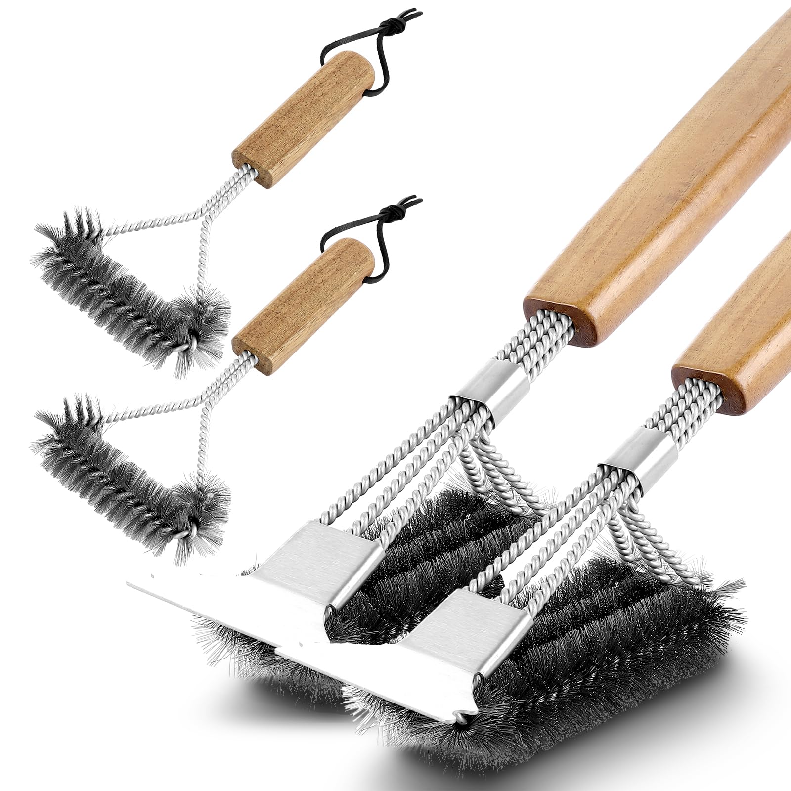 Brosses de nettoyage barbecue 39 cm manche bois acier inoxydable Lot de 4