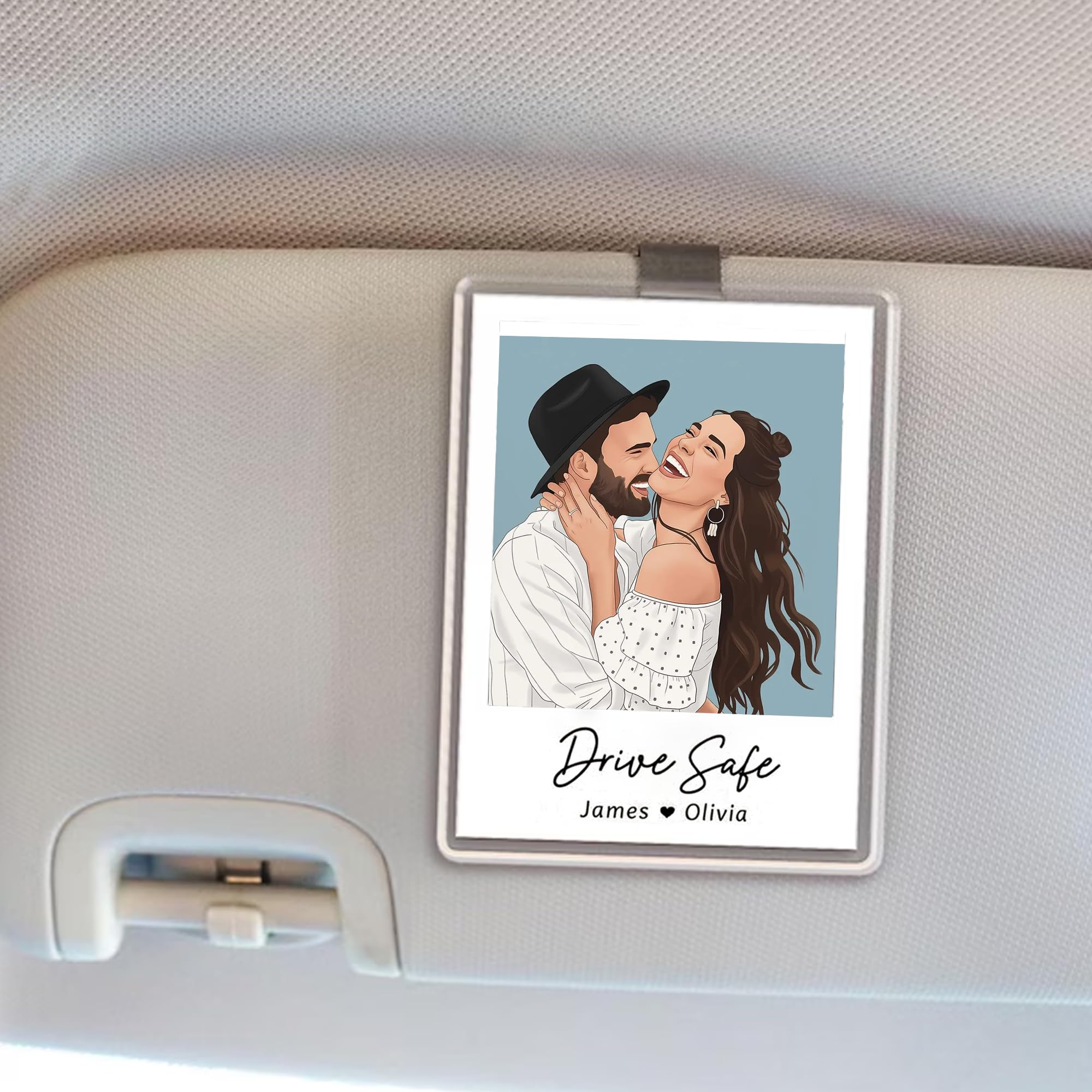 Noni Personalized Couple Cartoon Portrait Photo Car Visor Clip Drive Safe I Love You Car Accessory Custom Photo — view 2