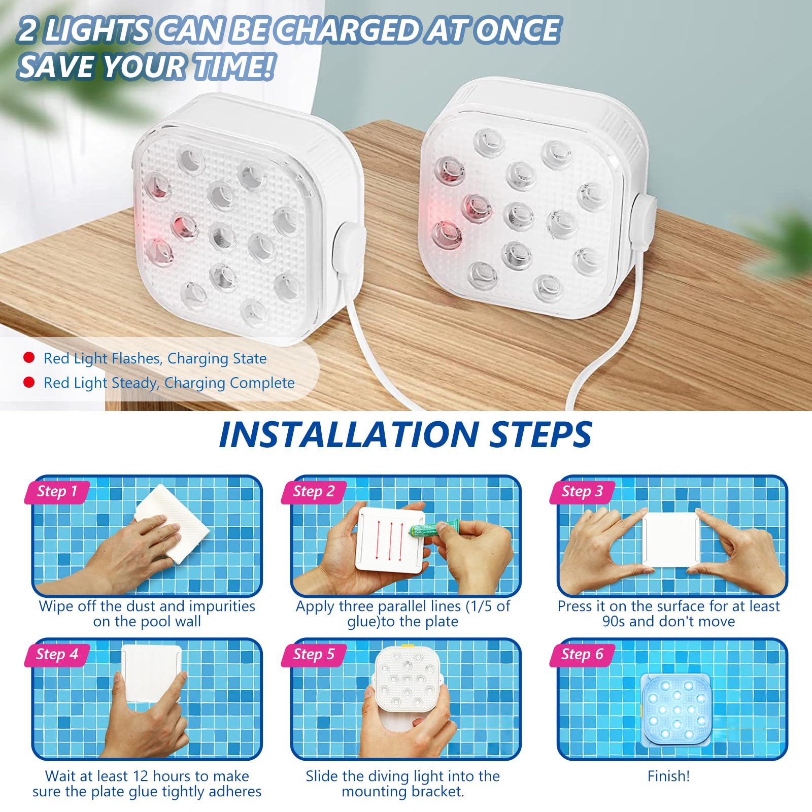 PORFOYO 2 pezzi luce subacquea con telecomando, luce subacquea ricaricabile, luce subacquea, illuminazione magnetica per piscina, 16 colori, luce LED per piscina
