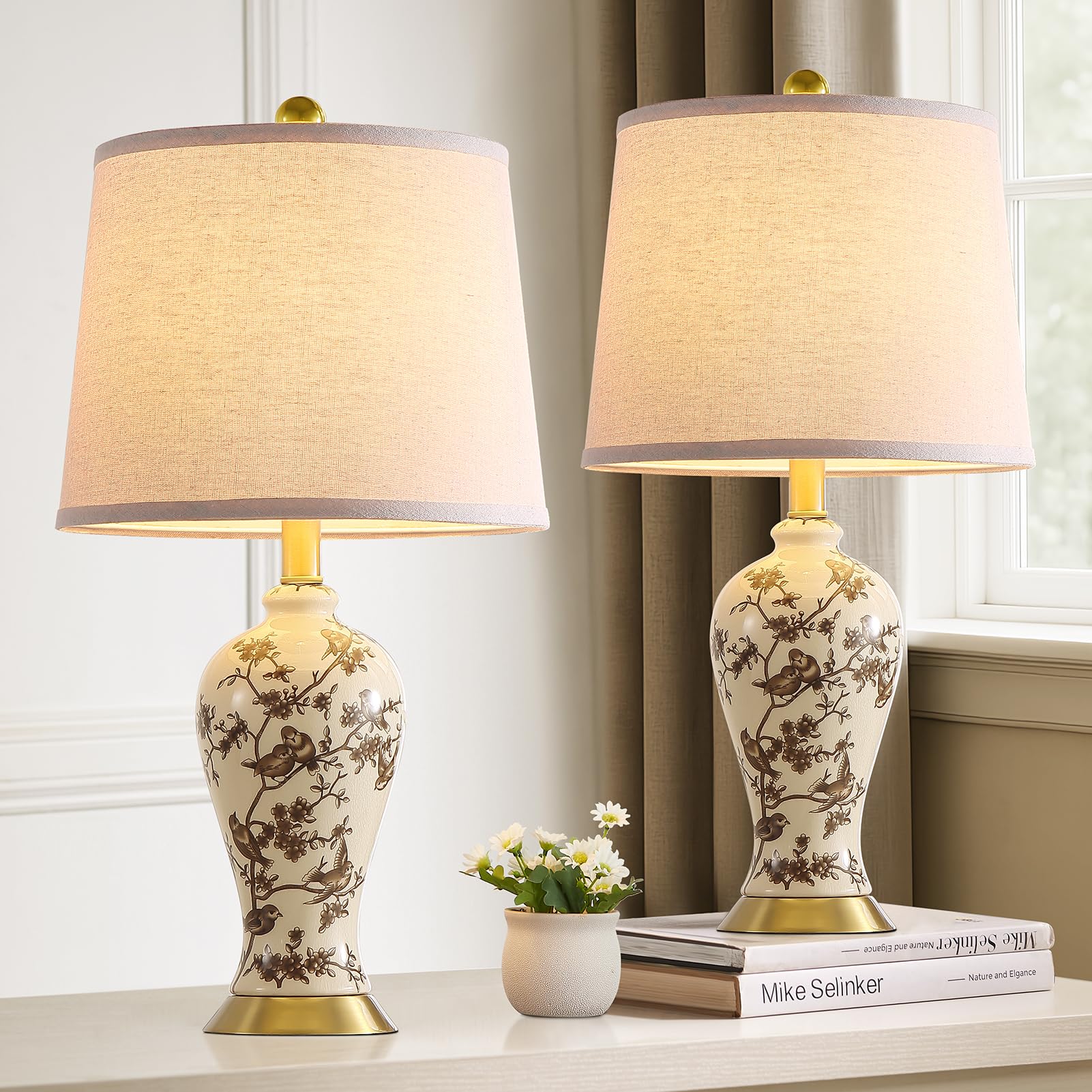 RORIA 24" Chinoiserie Ceramic Small Table Lamps Set of 2 for Living Room, Bird Pattern Branch Traditional Table Lamp for Bedroom Nightstand Entryway,