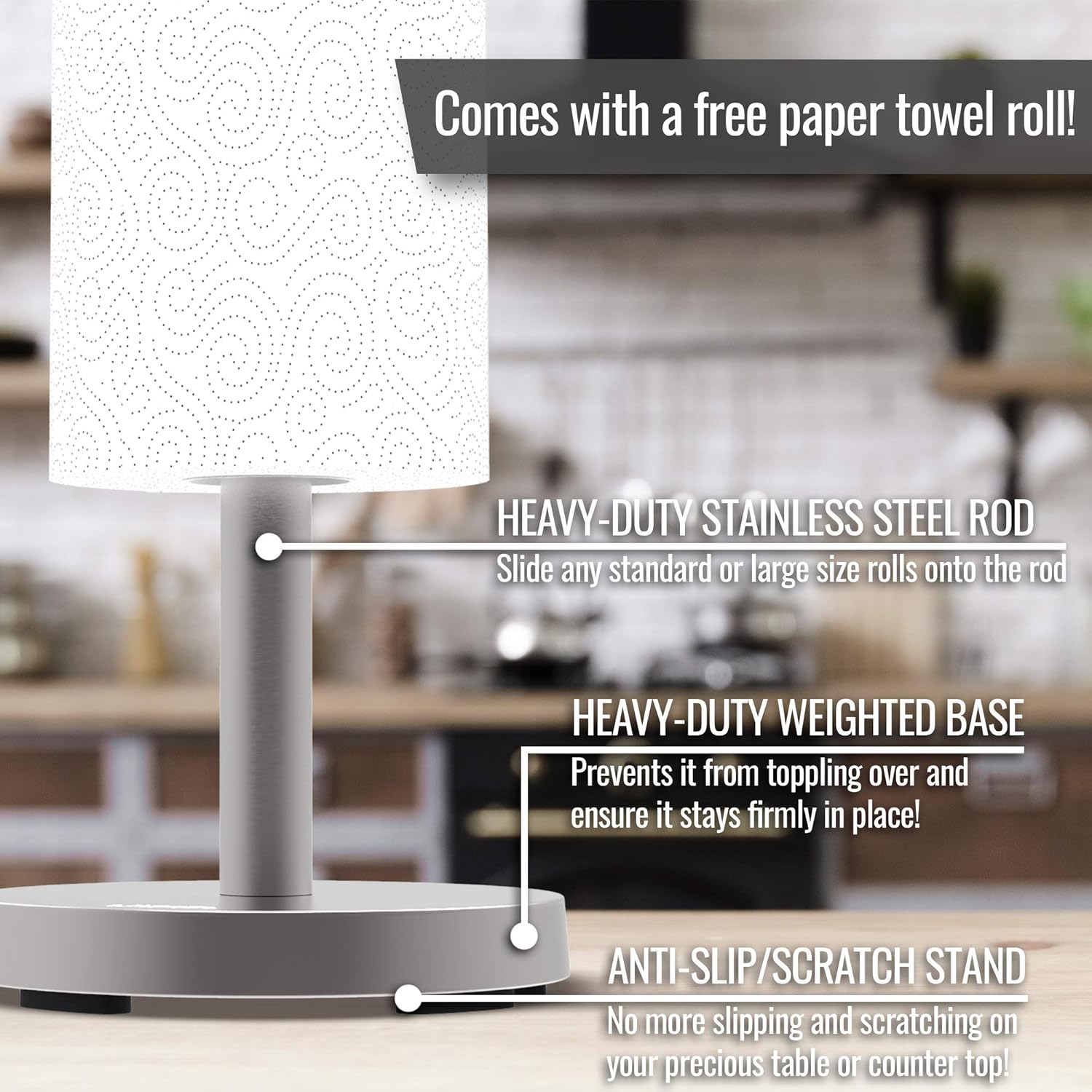 Freestanding Paper Towel Holder Kitchen - Roll Organizer Countertop - Stainless Steel Dispenser for Cooking Space - Useful Tool for Bathroom - Vertical Standing Sturdy Anti-Slip