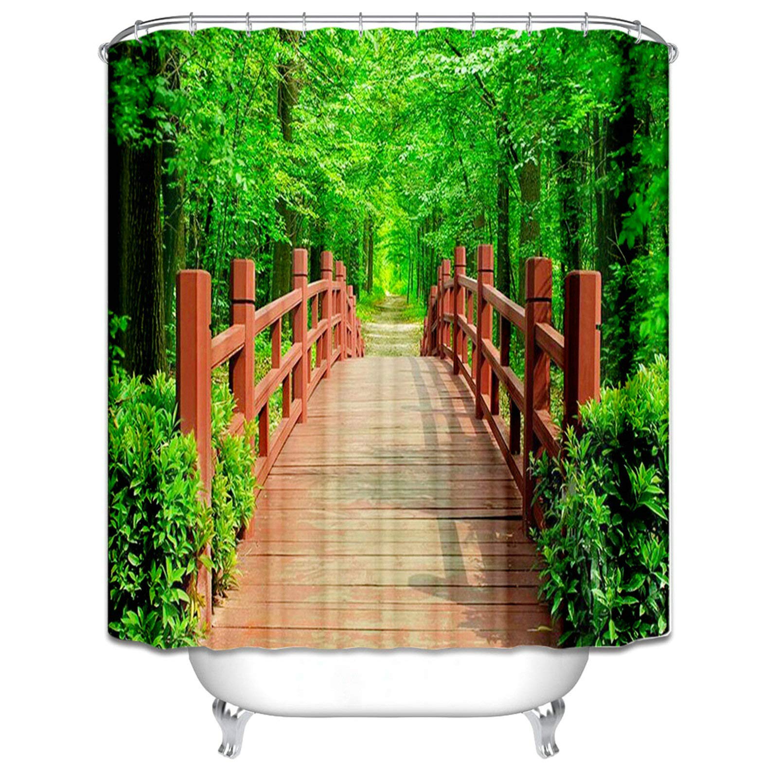 KNSAM - Cortina de Ducha con Puente de Madera, Impermeable, para Cuarto de baño, poliéster, 180 x 200 cm