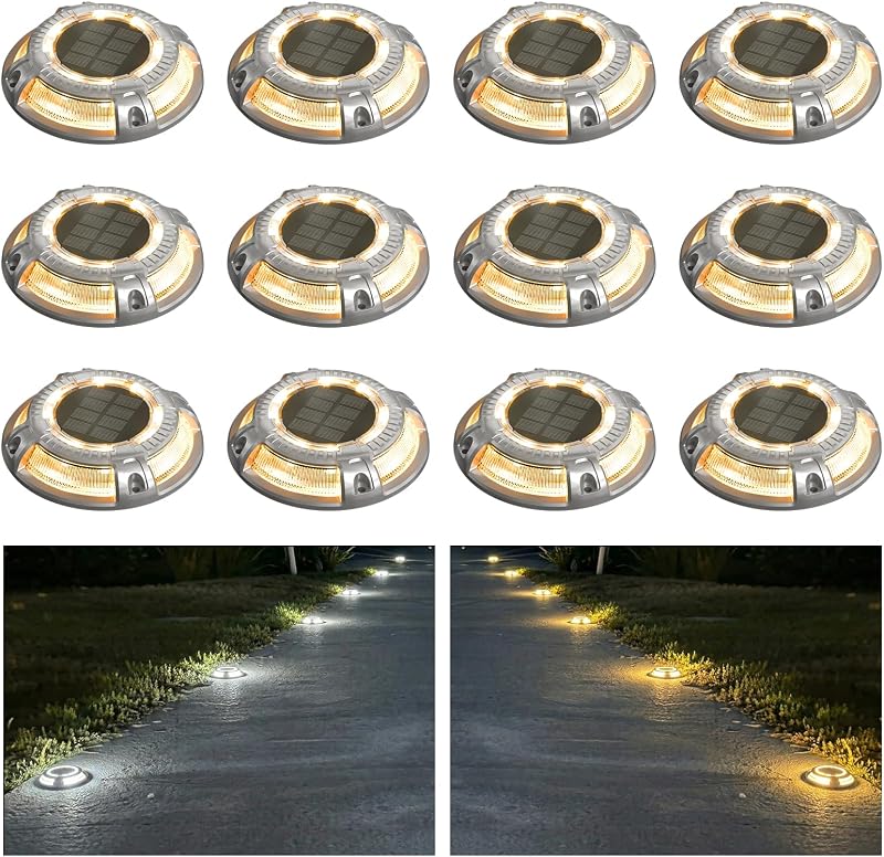 12 Pack Solar Driveway Dock Lights, 2 Color Modes, IP67 Waterproof | Warm Light & Cool White, Outdoor LED Deck Marine Driveway Marker Lights for Step, Sidewalk, Stair, Pathway, Walkway