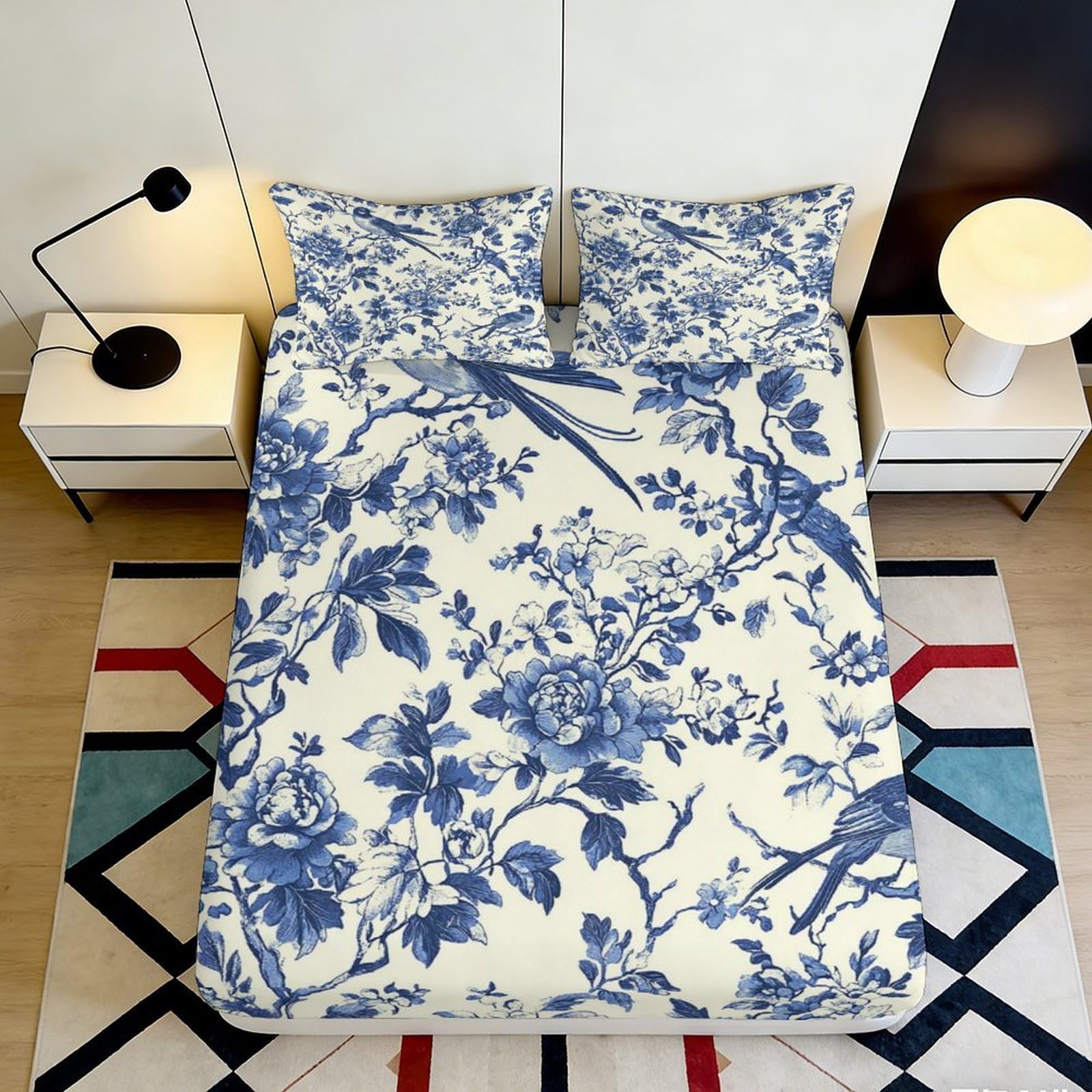 3D Printed Blue Floral Bird Fitted Sheet Microfiber Soft Breathable Branch Pattern Mattress Cover for Bedroom Dormitory Guest Room Protection Decor 160x200x25cm