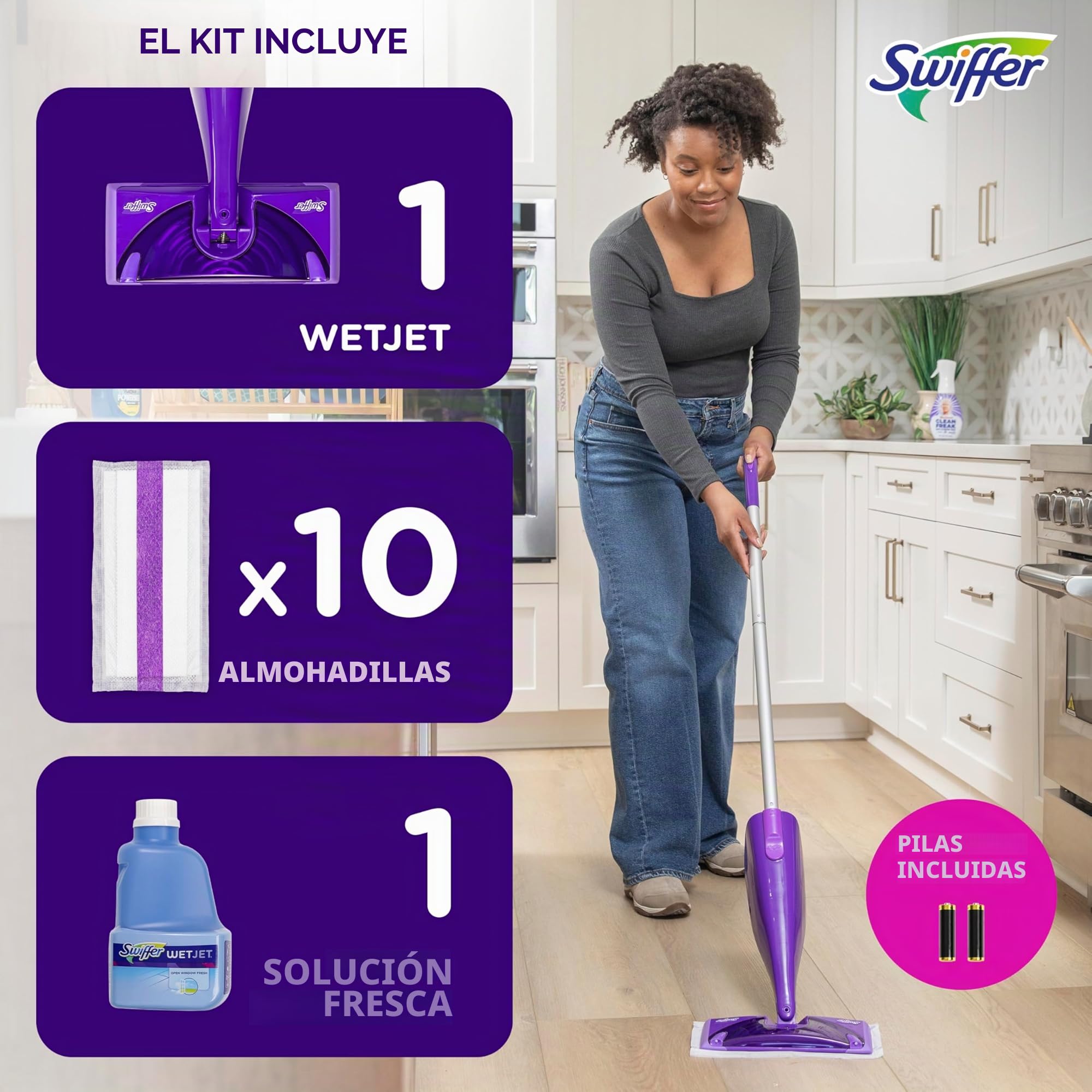 Swiffer WetJet - Kit de iniciación de Limpiador de mopa en Aerosol para Madera Dura y Pisos, Incluye: 1 mopa eléctrica, 10 Almohadillas, solución de Limpieza, baterías
