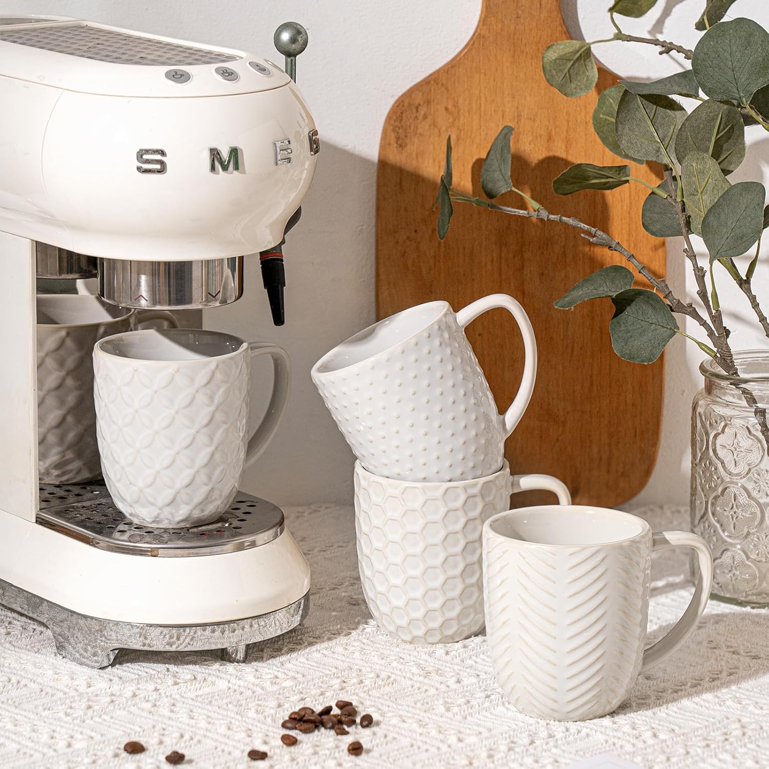 Ceramic Coffee Mugs Set of 4, 12oz Embossed Cups with Elegant Patterns – A Thoughtful Gift for Women, Mom, or Friends,Perfect for Tea, Latte, Cocoa (Arctic White, 12 OZ)