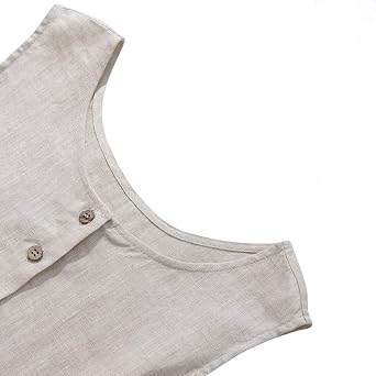 Amazhiyu Women's 100% Linen Sleeveless Button Front Pleated Summer Midi Dress