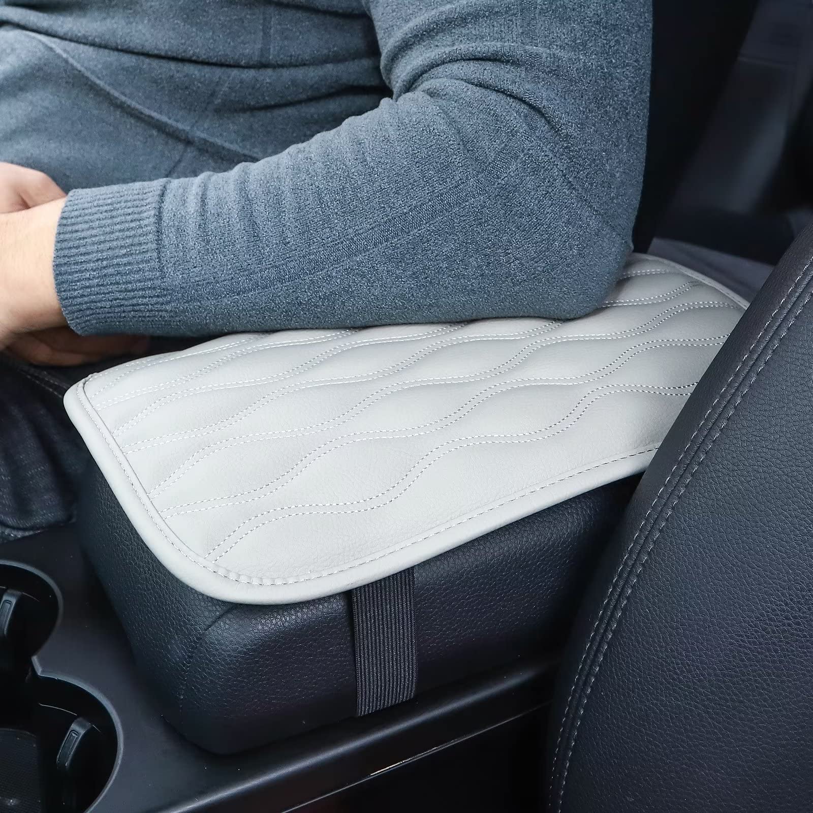 Photo 1 of Auto Center Console Cover, PU Leather Arm Rest Cover for Car-Universal Non Slip Soft Arm Rest Cover Waterproof Car Armrest Seat Box Cover for SUV, Truck, Car(Gray)
