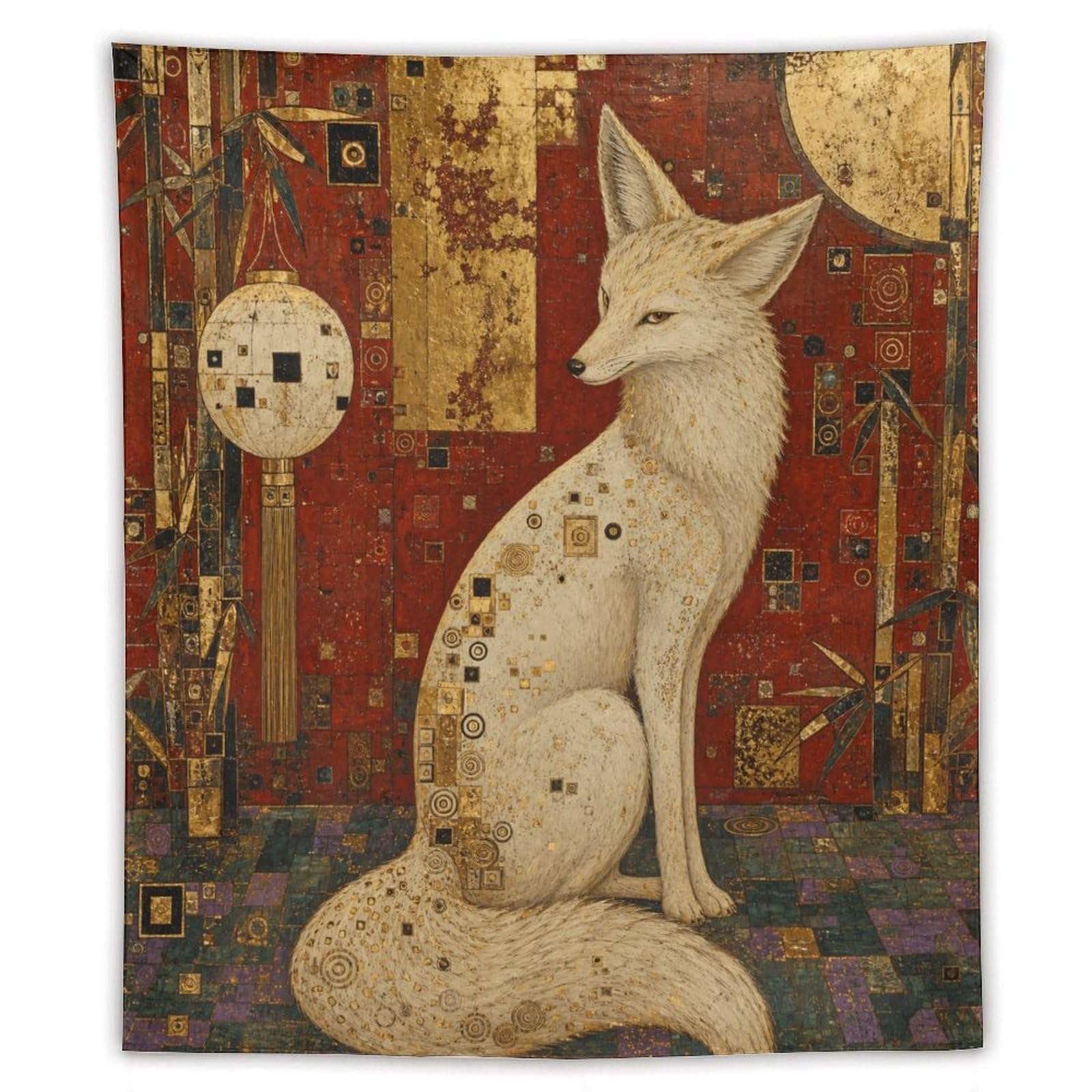 H3B8U2Y5 White fox in Ornate Room Wall Tapestry, Golden Pattern